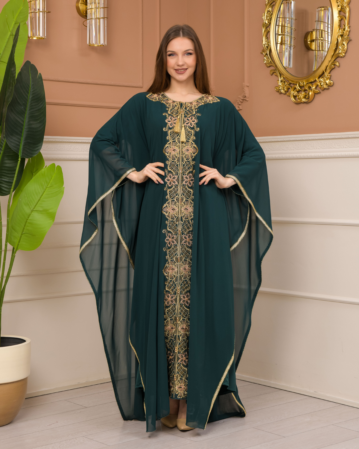 2-Piece Set Stone Embroidered Batwing Abaya & Dress 682 - green