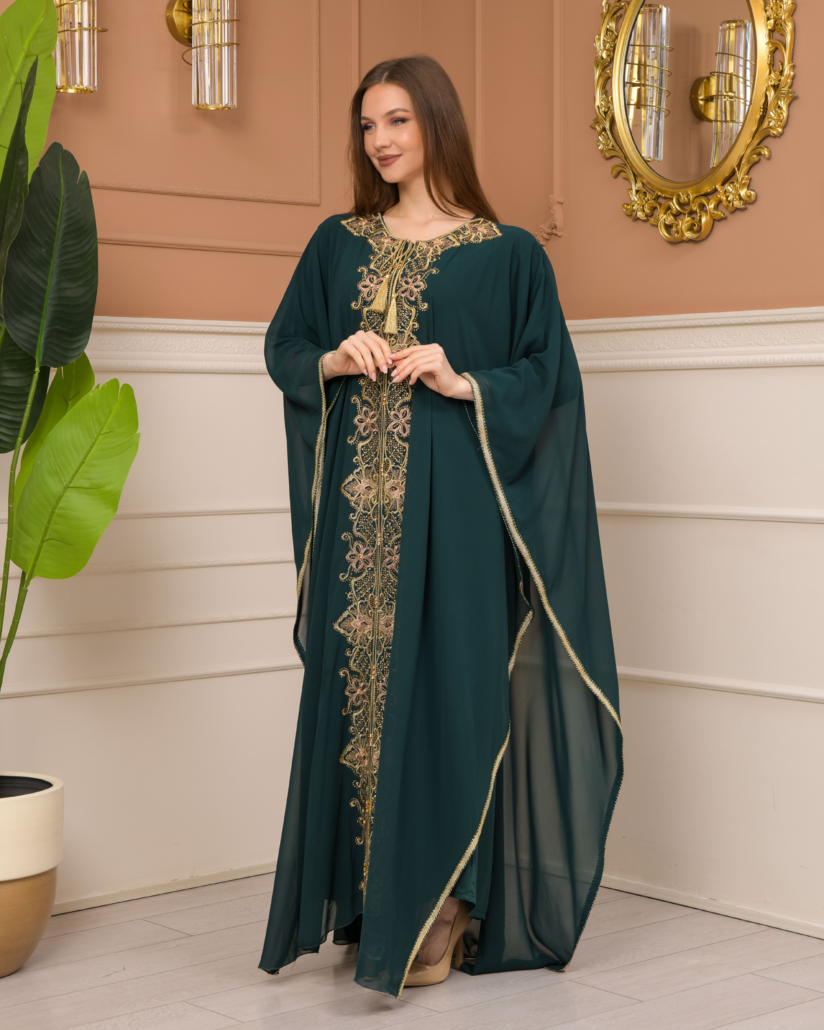 2-Piece Set Stone Embroidered Batwing Abaya & Dress 682 - green