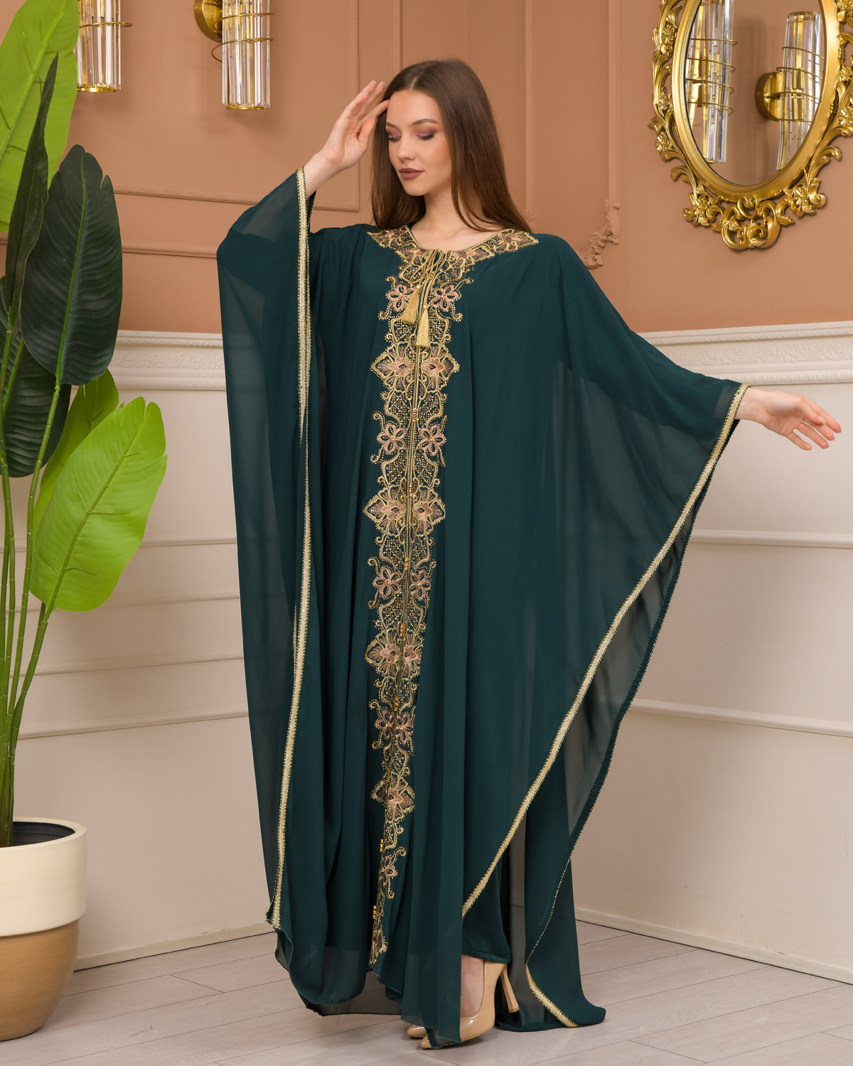 2-Piece Set Stone Embroidered Batwing Abaya & Dress 682 - green