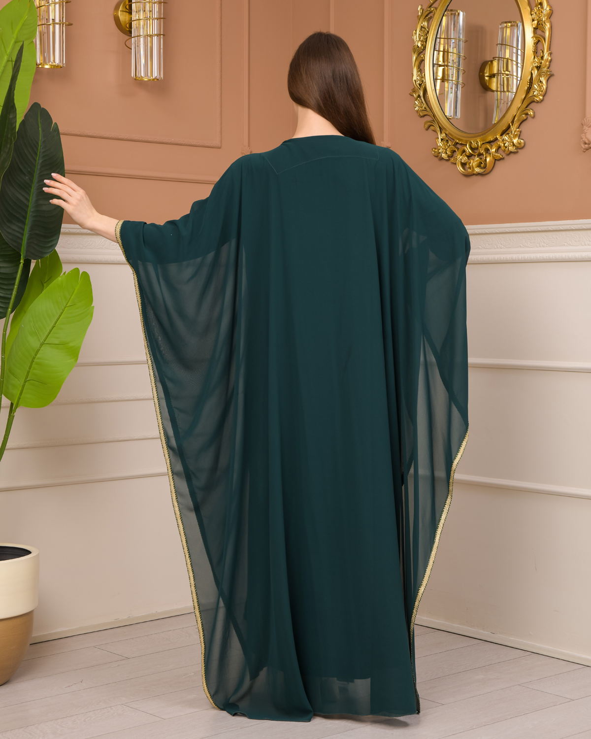 2-Piece Set Stone Embroidered Batwing Abaya & Dress 682 - green