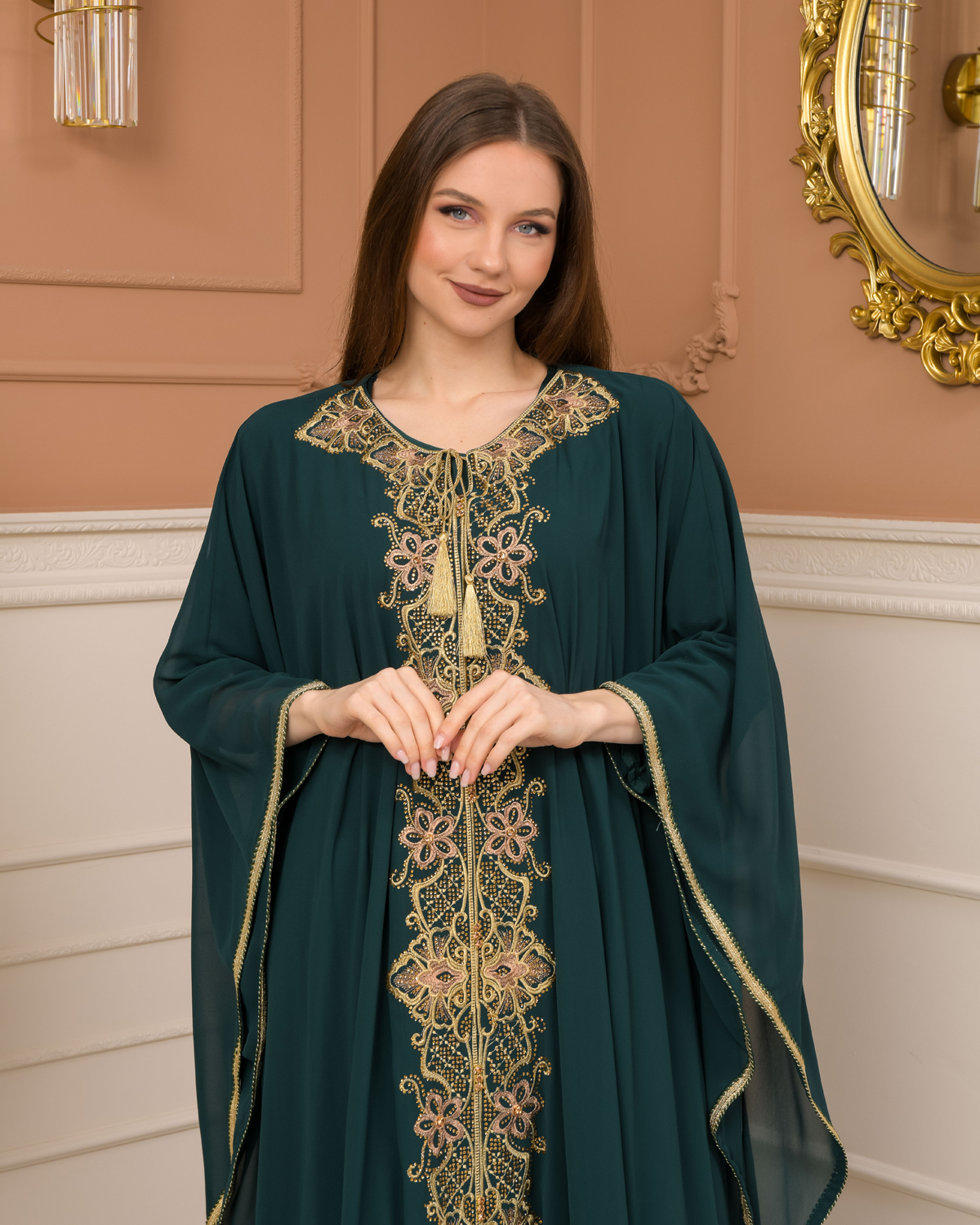 2-Piece Set Stone Embroidered Batwing Abaya & Dress 682 - green