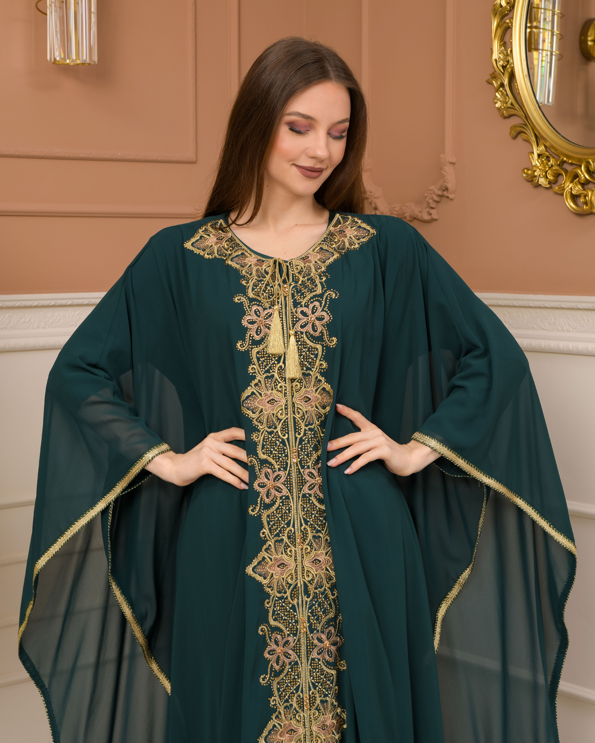 2-Piece Set Stone Embroidered Batwing Abaya & Dress 682 - green