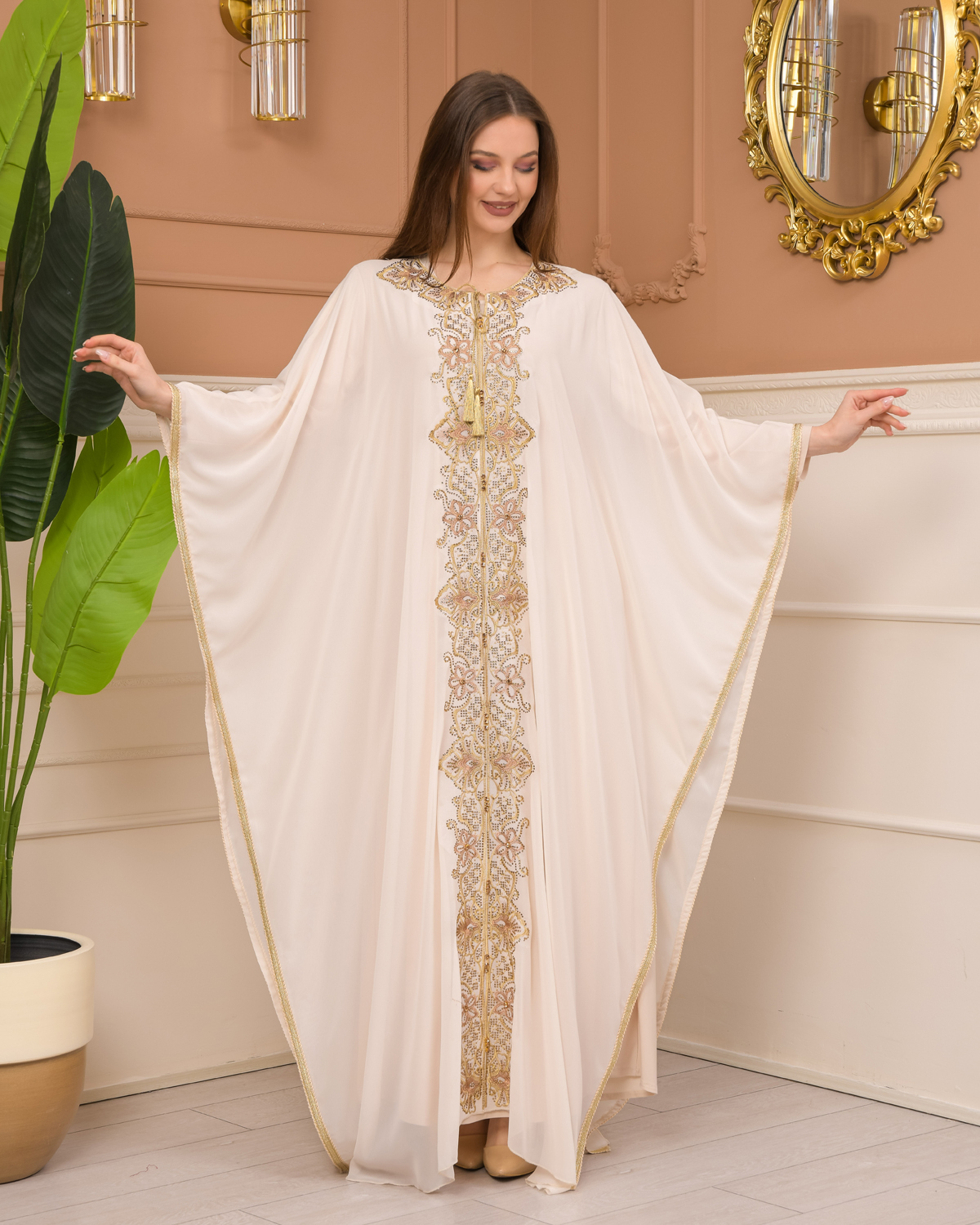 2-Piece Set Stone Embroidered Batwing Abaya & Dress 682 - beige