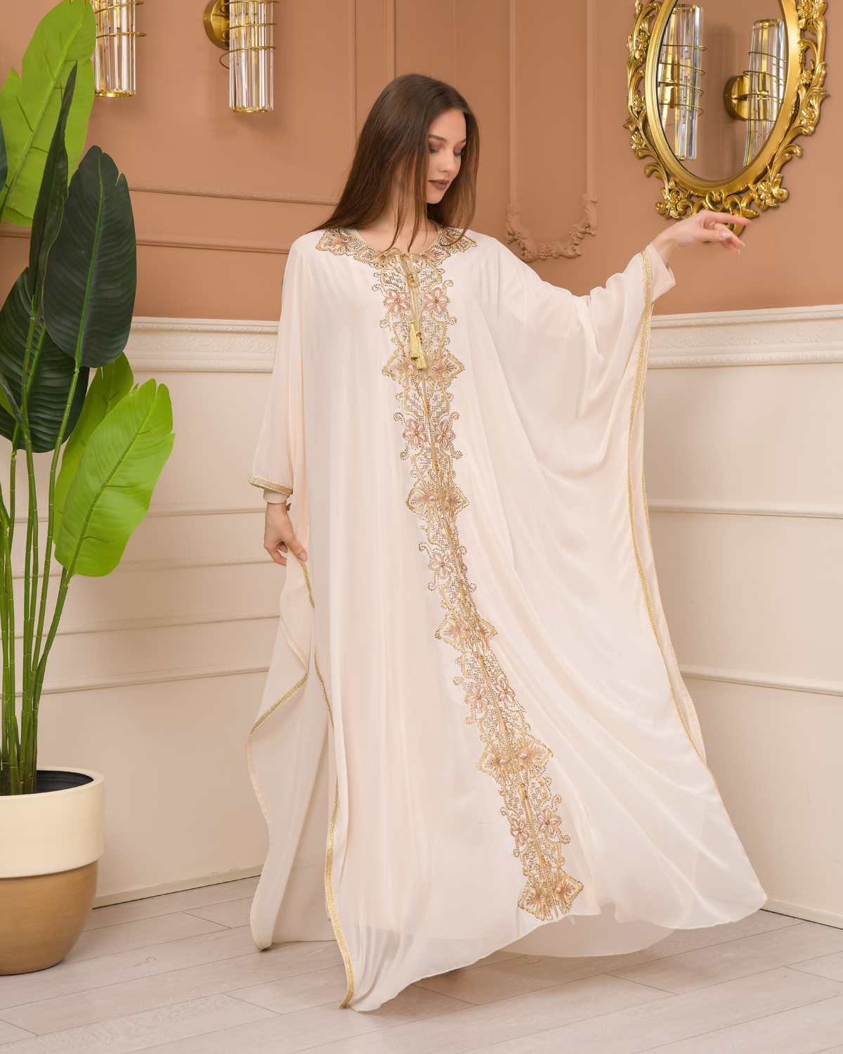 2 Piece Set Stone Embroidered Batwing Abaya Dress 682 beige