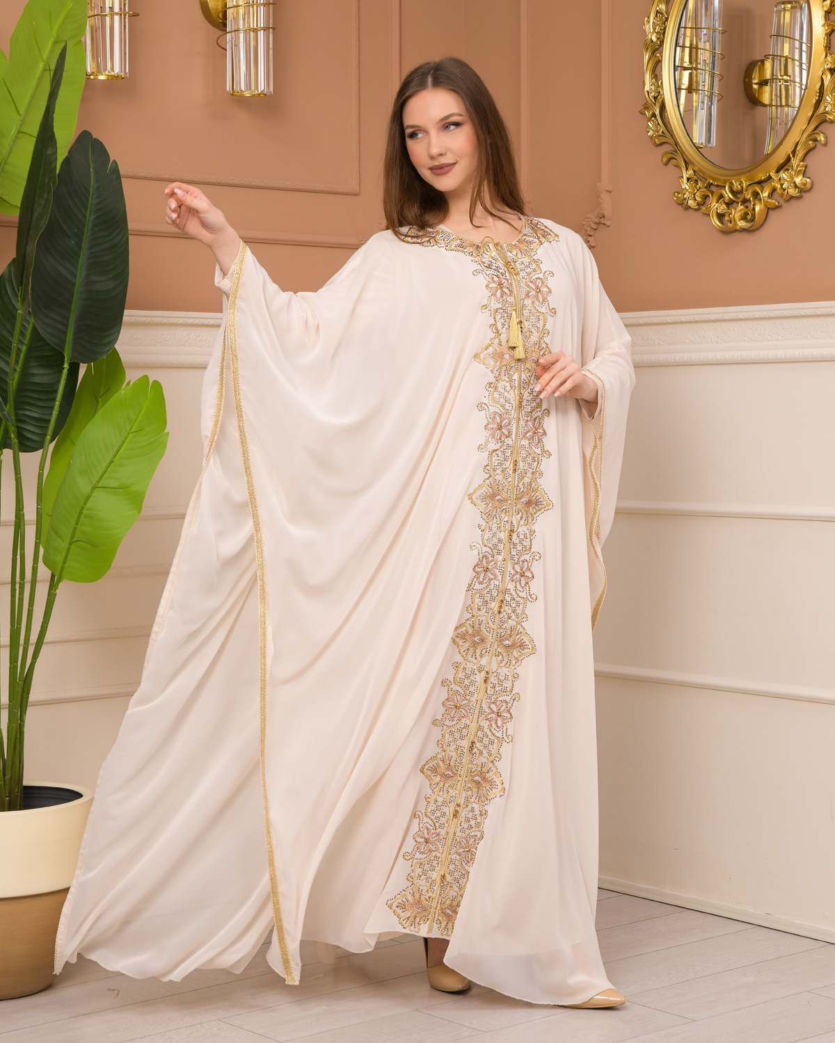 2-Piece Set Stone Embroidered Batwing Abaya & Dress 682 - beige