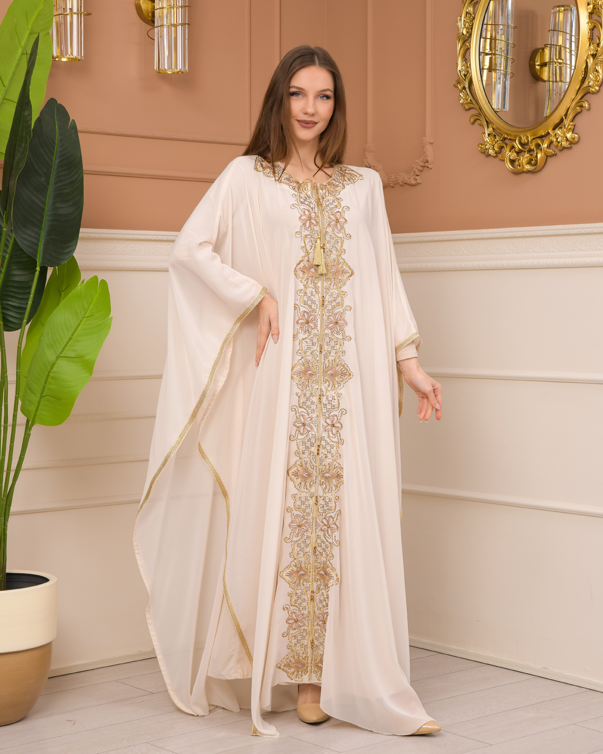 2-Piece Set Stone Embroidered Batwing Abaya & Dress 682 - beige