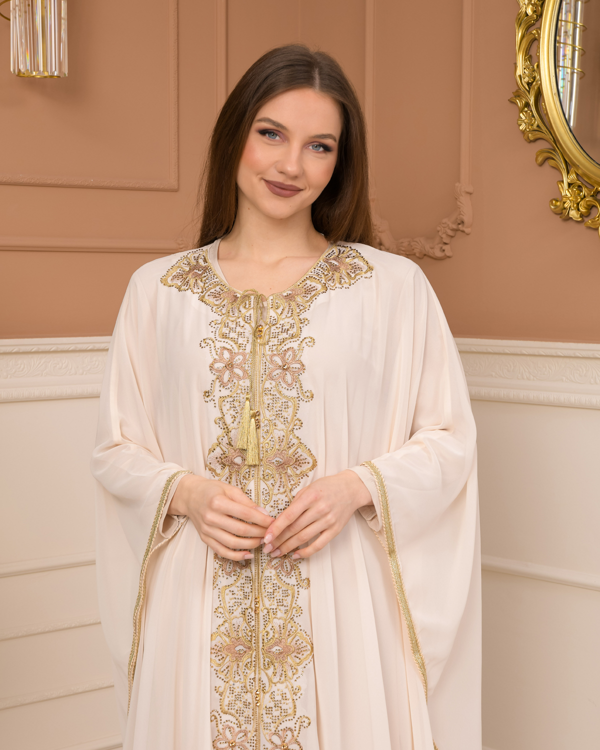 2-Piece Set Stone Embroidered Batwing Abaya & Dress 682 - beige