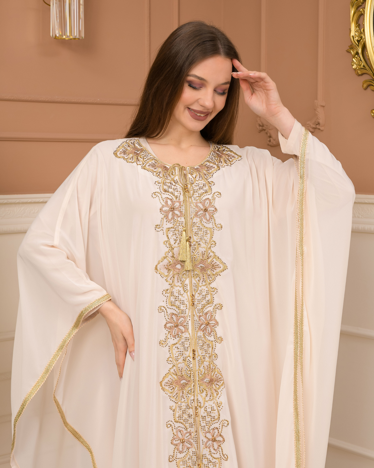 2-Piece Set Stone Embroidered Batwing Abaya & Dress 682 - beige