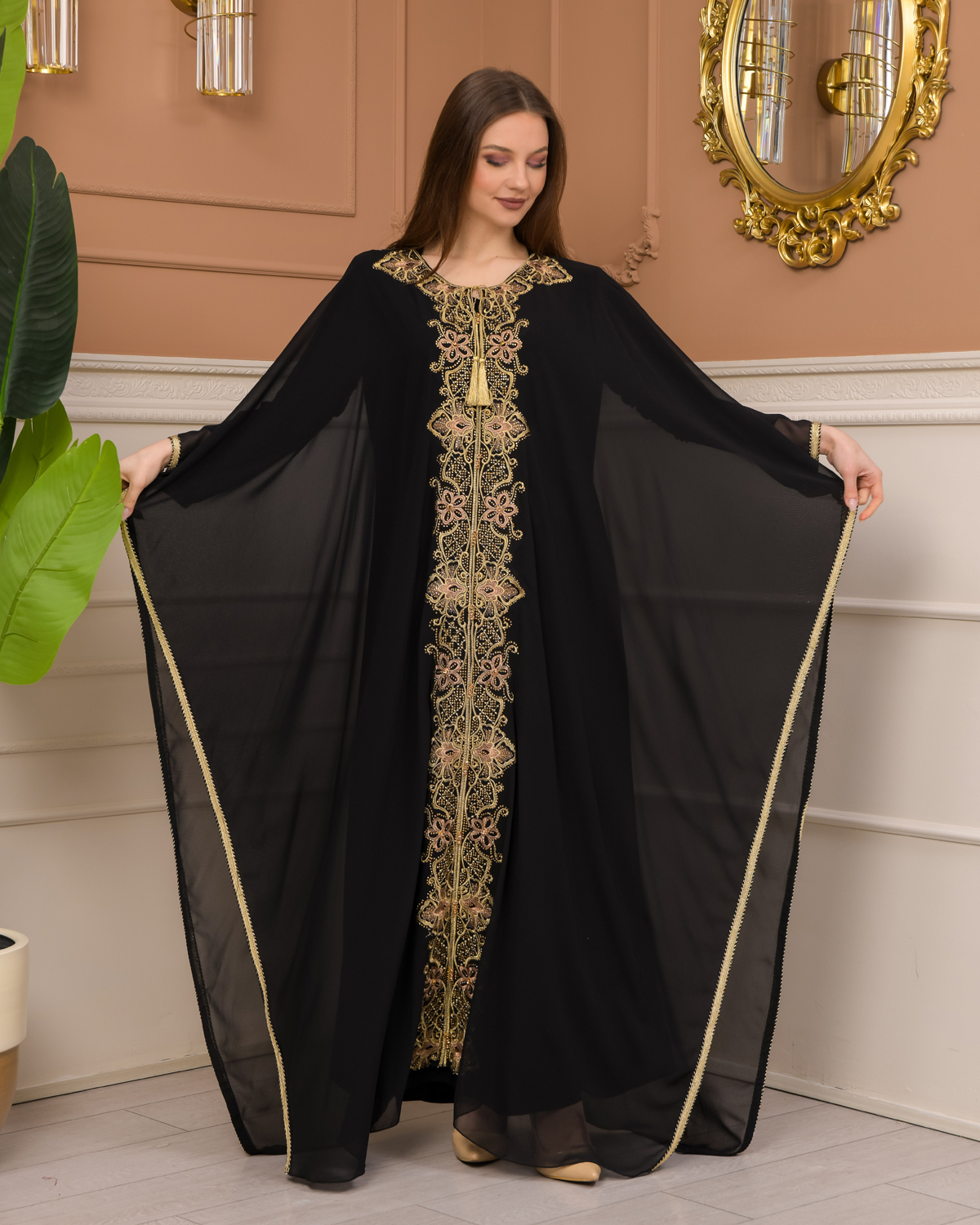 2-Piece Set Stone Embroidered Batwing Abaya & Dress 682 - black