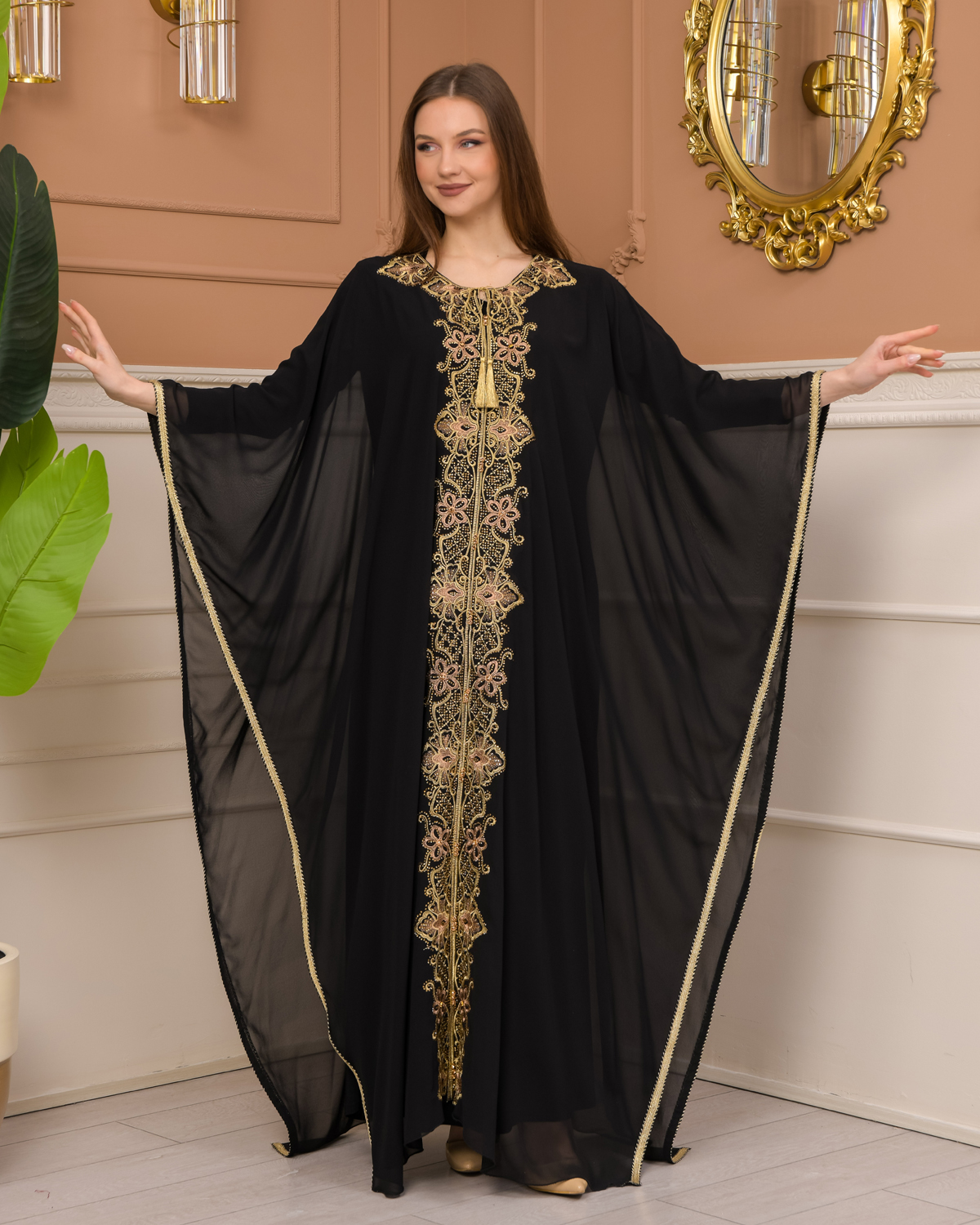 2-Piece Set Stone Embroidered Batwing Abaya & Dress 682 - black