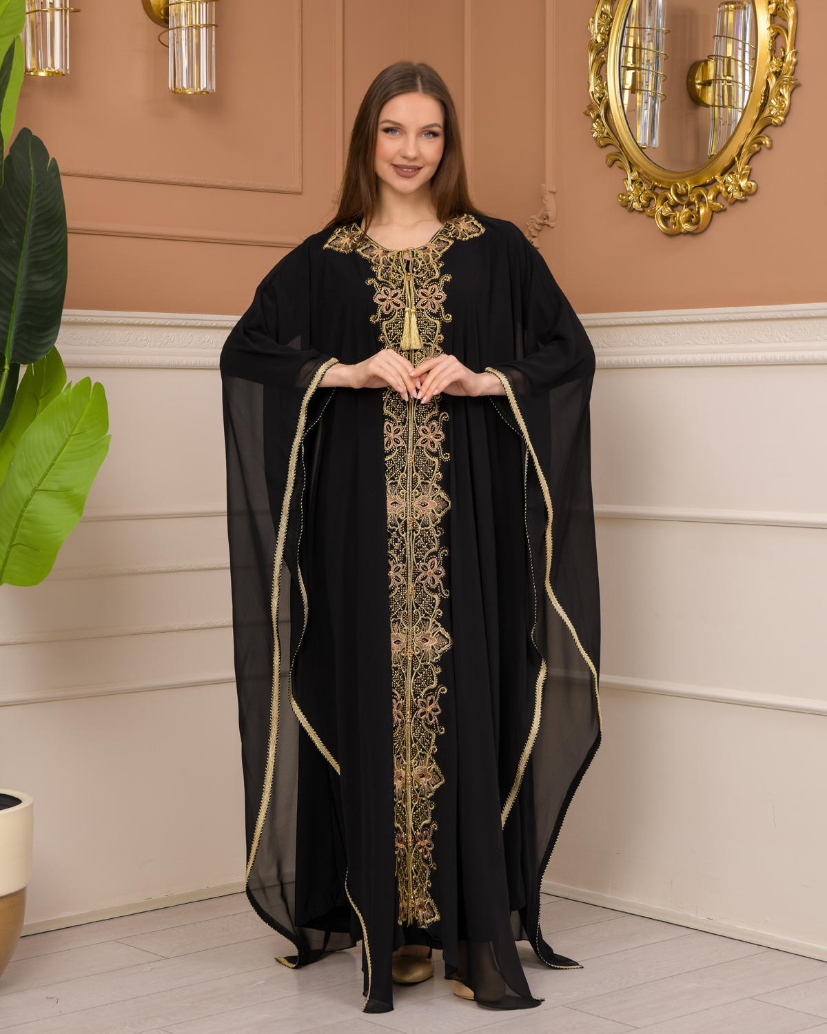 2-Piece Set Stone Embroidered Batwing Abaya & Dress 682 - black