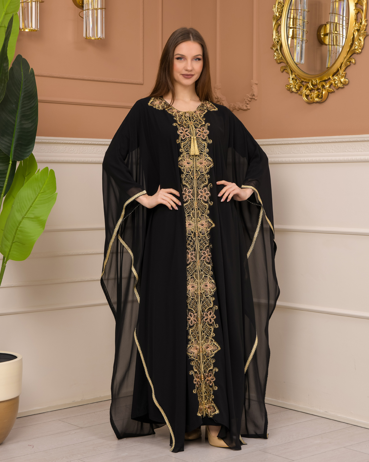 2-Piece Set Stone Embroidered Batwing Abaya & Dress 682 - black