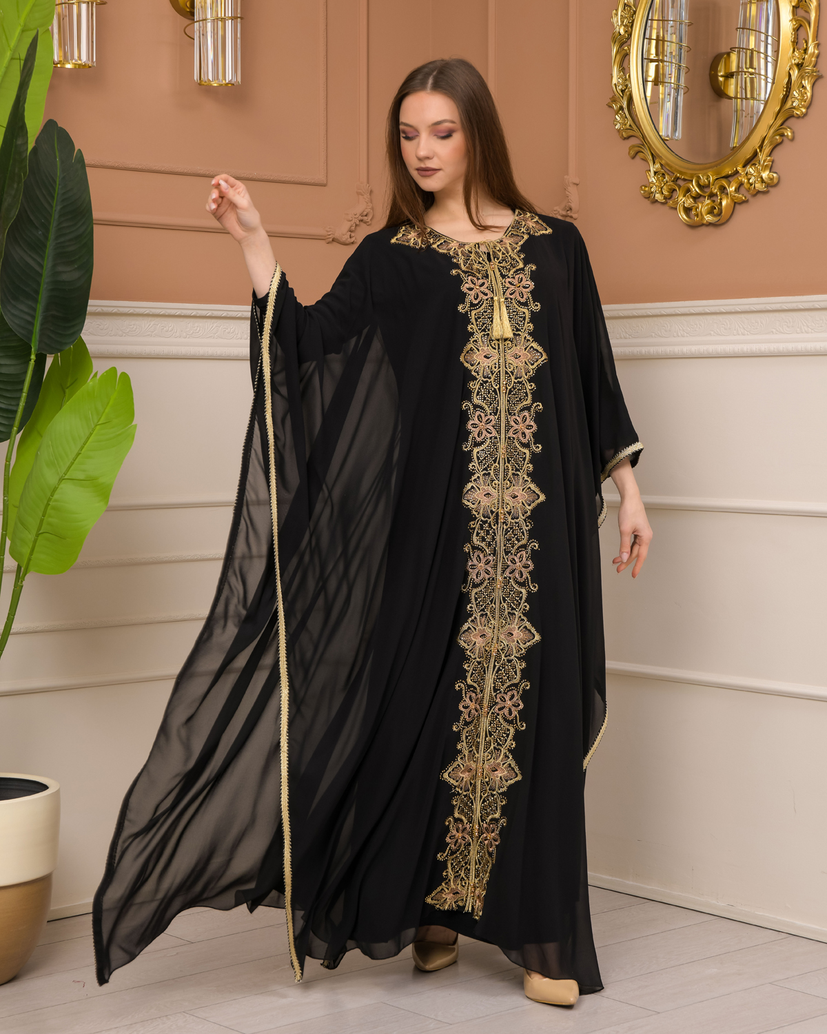 2-Piece Set Stone Embroidered Batwing Abaya & Dress 682 - black