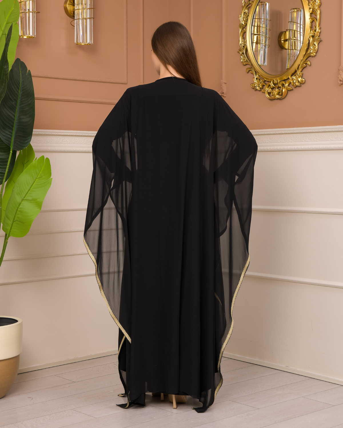 2-Piece Set Stone Embroidered Batwing Abaya & Dress 682 - black