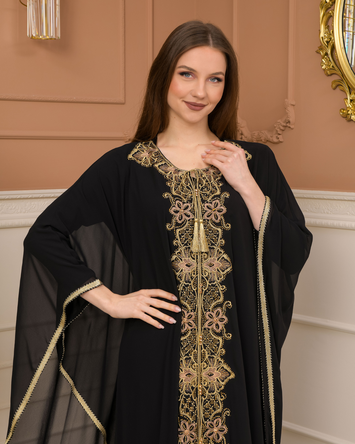 2-Piece Set Stone Embroidered Batwing Abaya & Dress 682 - black