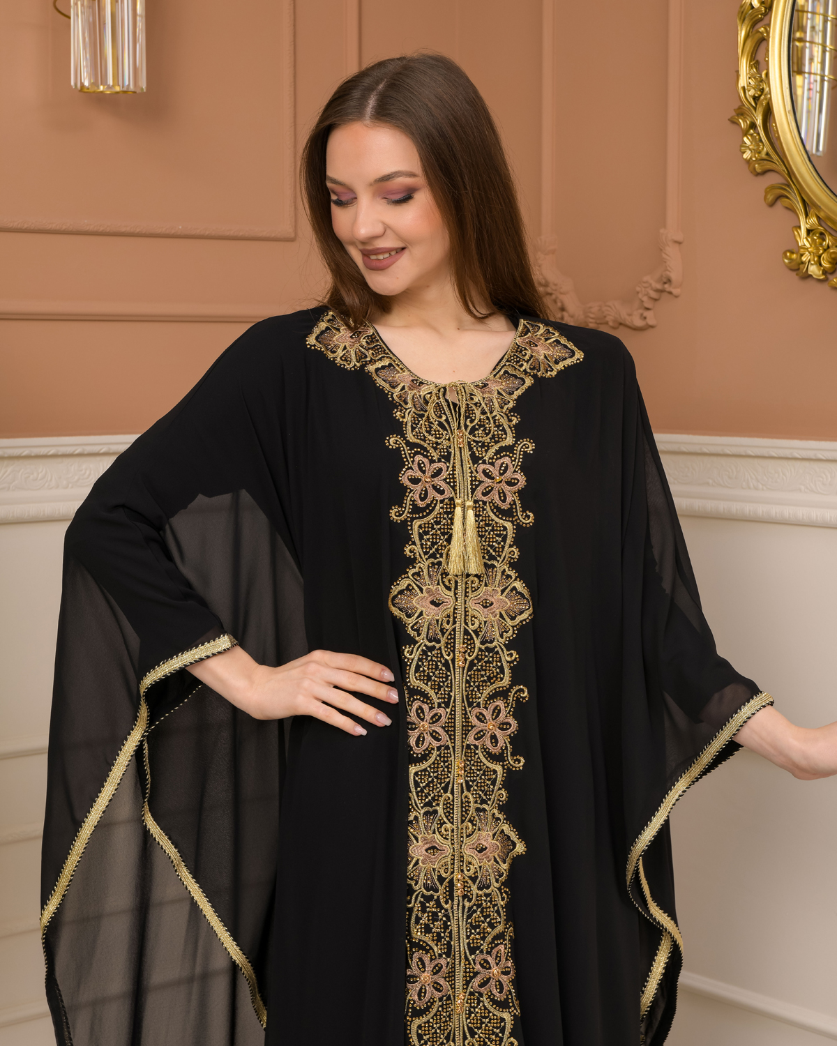 2-Piece Set Stone Embroidered Batwing Abaya & Dress 682 - black