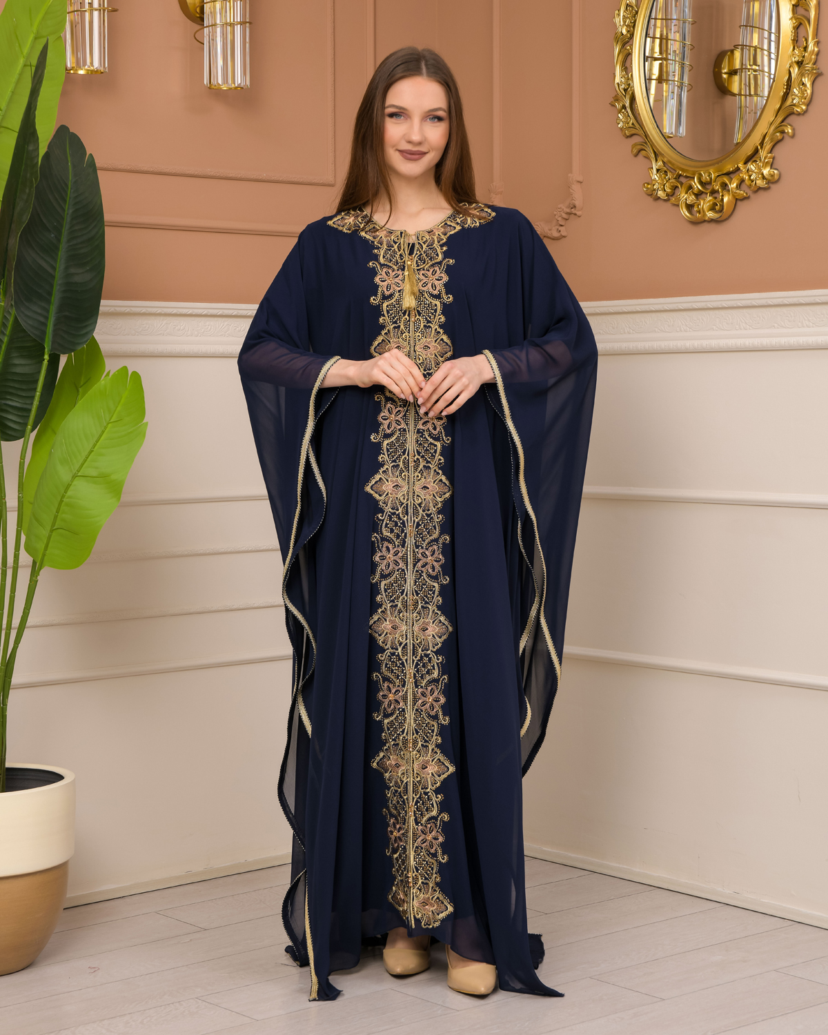 2-Piece Set Stone Embroidered Batwing Abaya & Dress 682 - deep blue