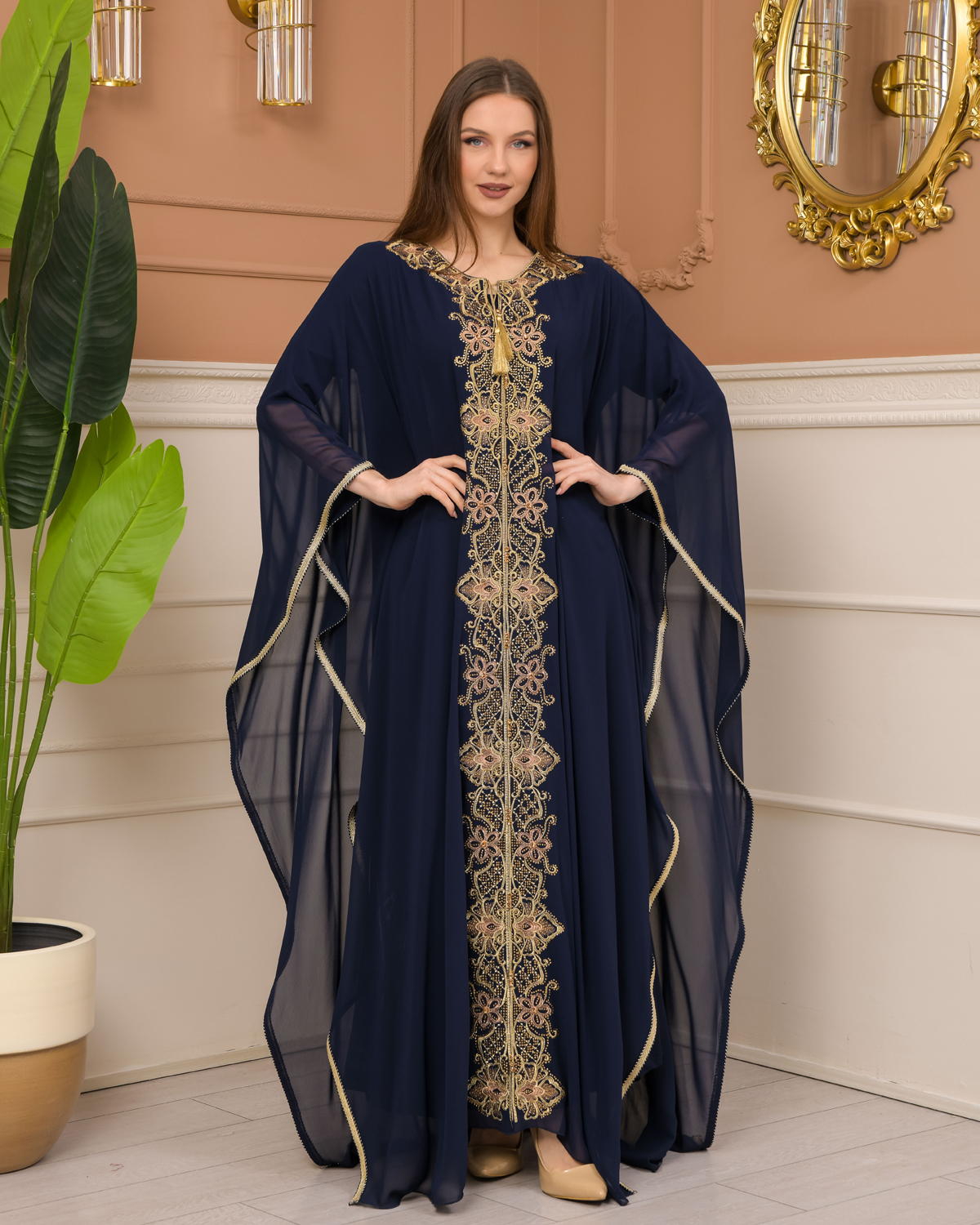 2-Piece Set Stone Embroidered Batwing Abaya & Dress 682 - deep blue