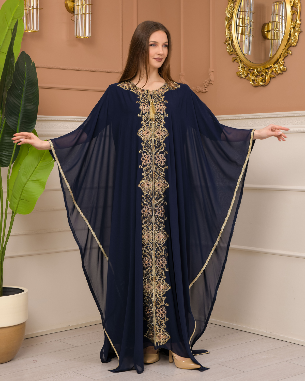 2-Piece Set Stone Embroidered Batwing Abaya & Dress 682 - deep blue