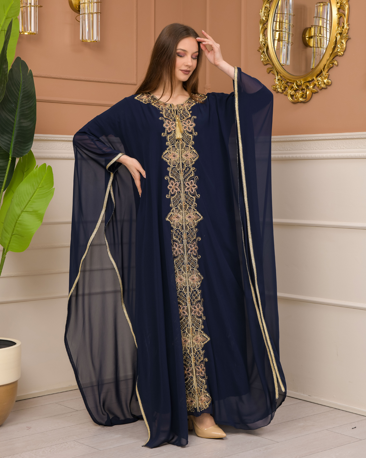 2-Piece Set Stone Embroidered Batwing Abaya & Dress 682 - deep blue