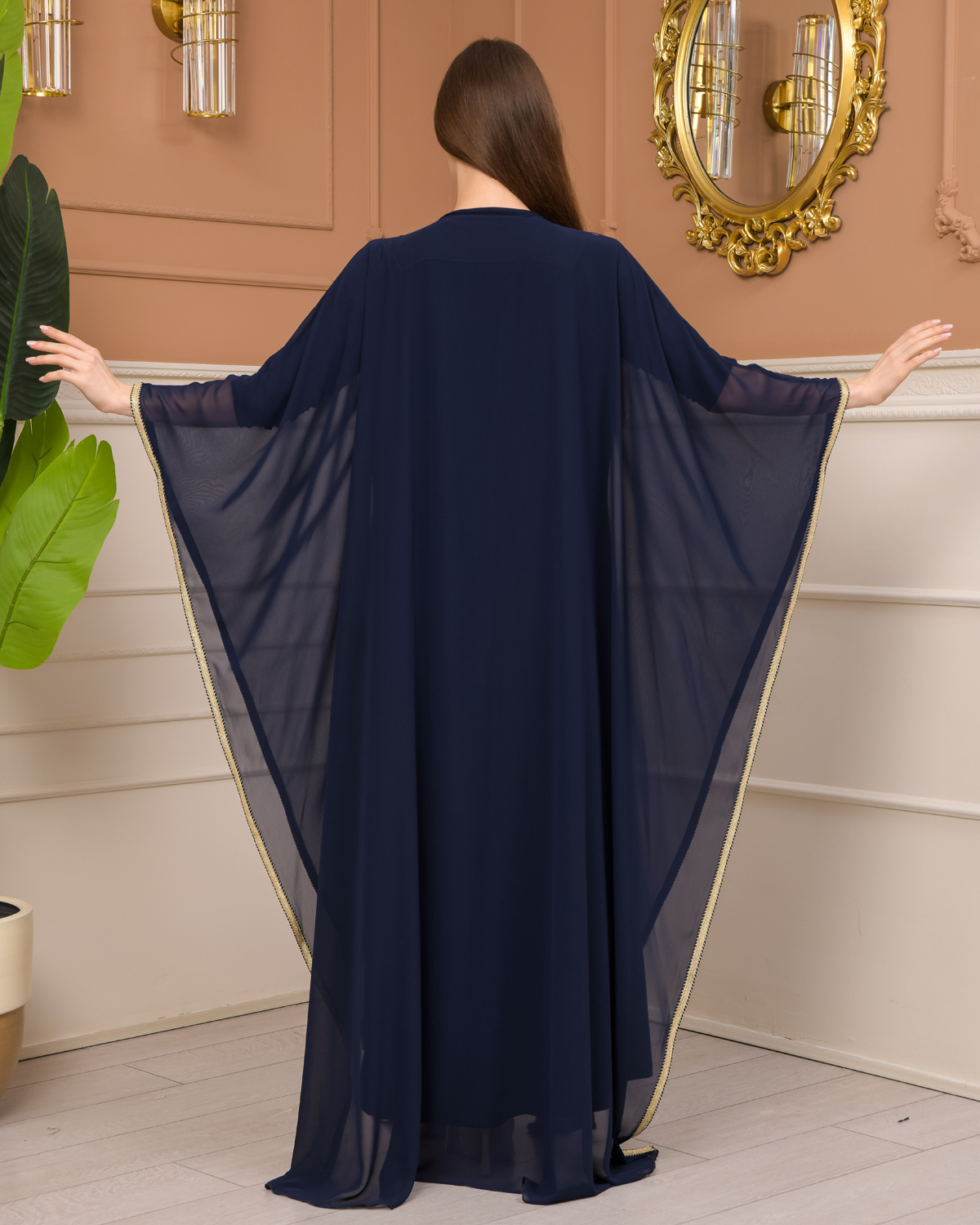 2-Piece Set Stone Embroidered Batwing Abaya & Dress 682 - deep blue