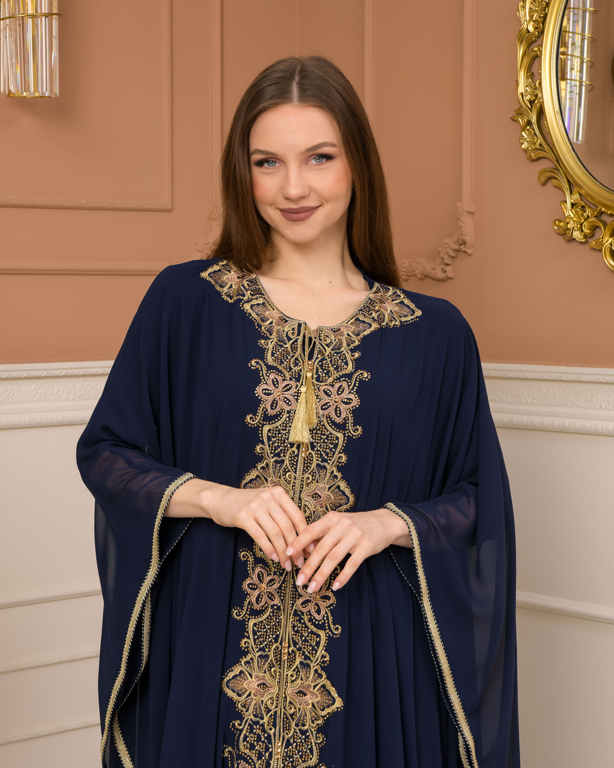 2-Piece Set Stone Embroidered Batwing Abaya & Dress 682 - deep blue