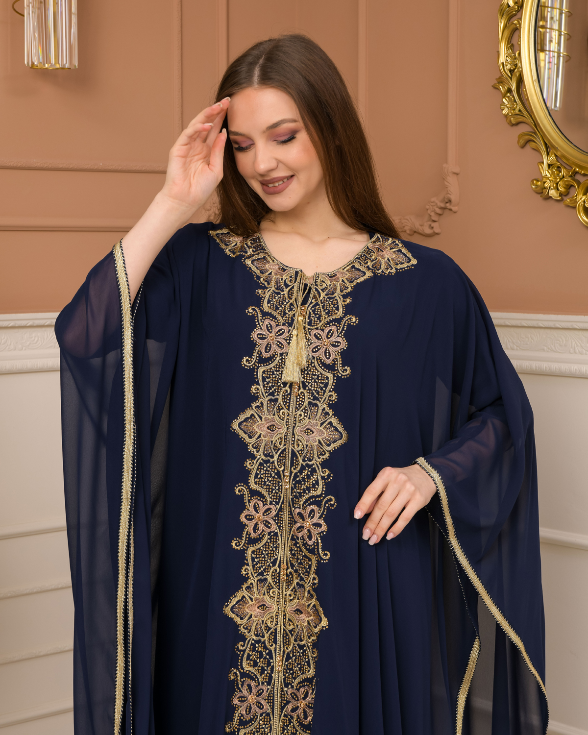 2-Piece Set Stone Embroidered Batwing Abaya & Dress 682 - deep blue