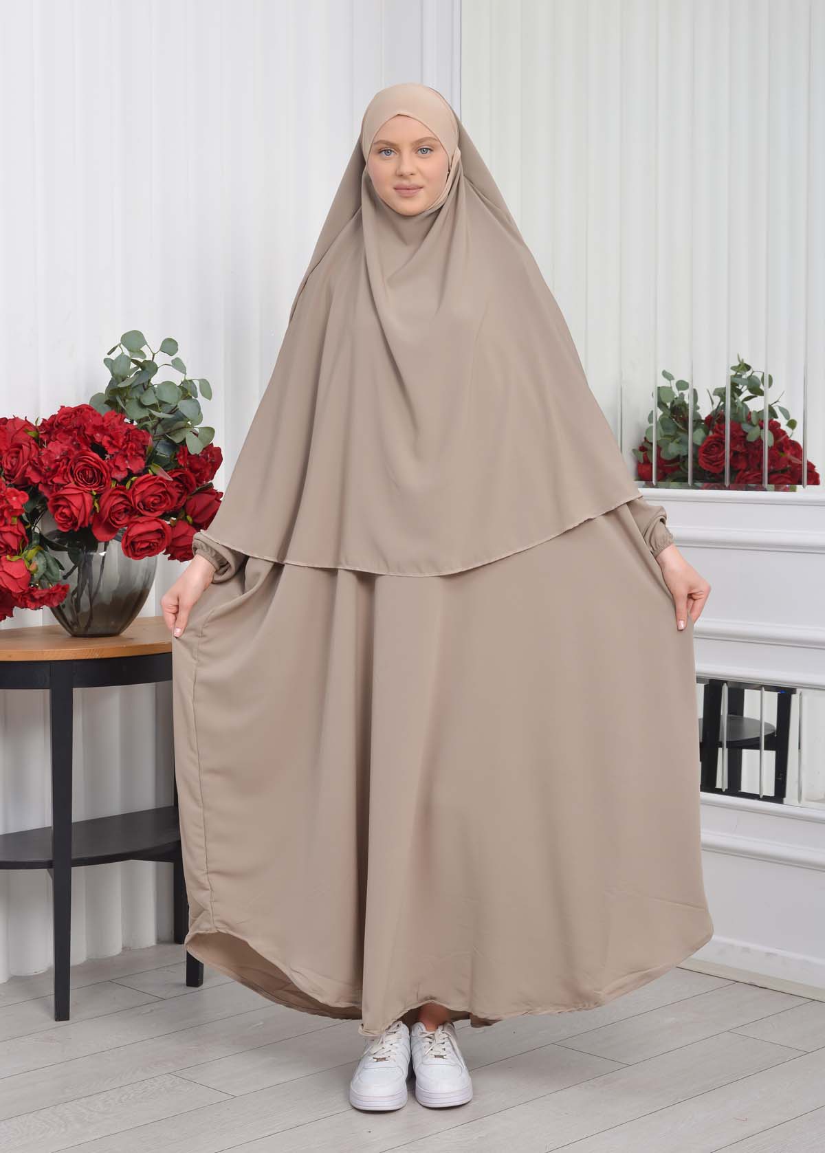 Muslim Wear Hijab Dresses , Womens Clothes Butterfly Hijab Set 2 Pieces 826 - light brown