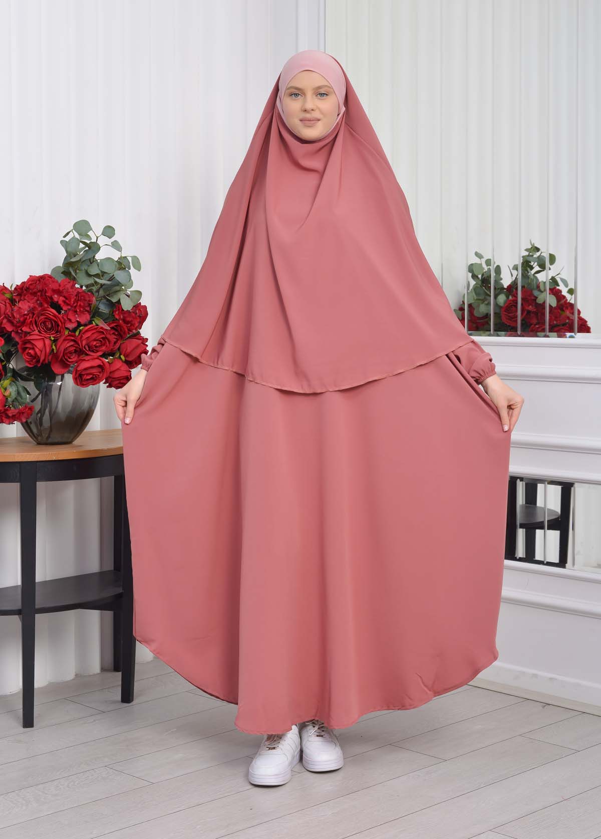 Muslim Wear Hijab Dresses , Womens Clothes Butterfly Hijab Set 2 Pieces 826 - light pink