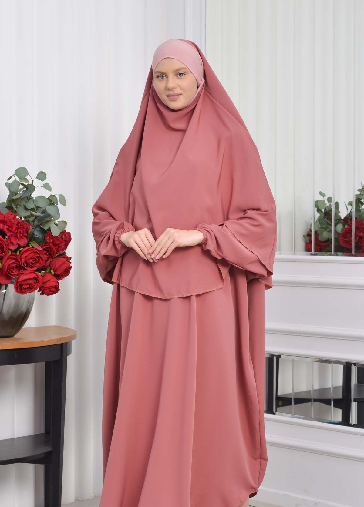 Muslim Wear Hijab Dresses , Women's Clothes Butterfly Hijab Set 2 Pieces 826 Açık Pembe