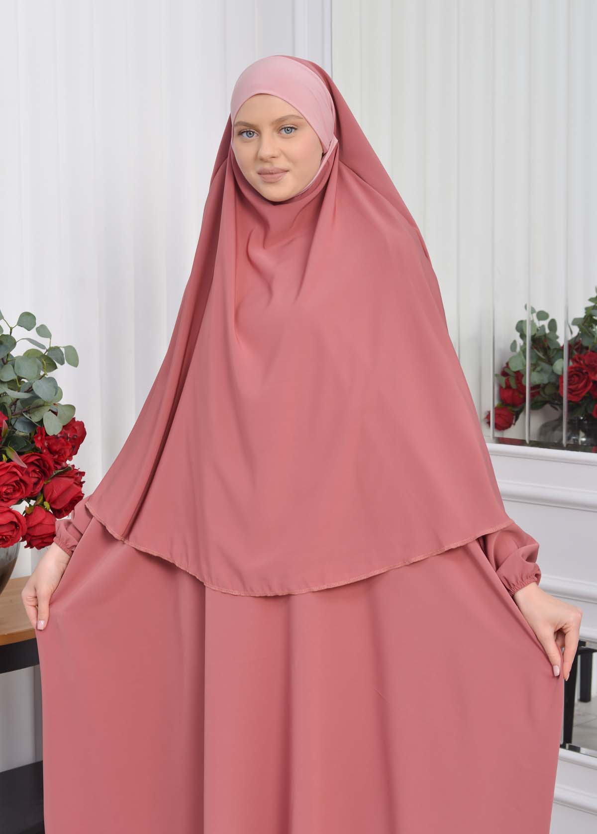 Muslim Wear Hijab Dresses , Women's Clothes Butterfly Hijab Set 2 Pieces 826 Açık Pembe