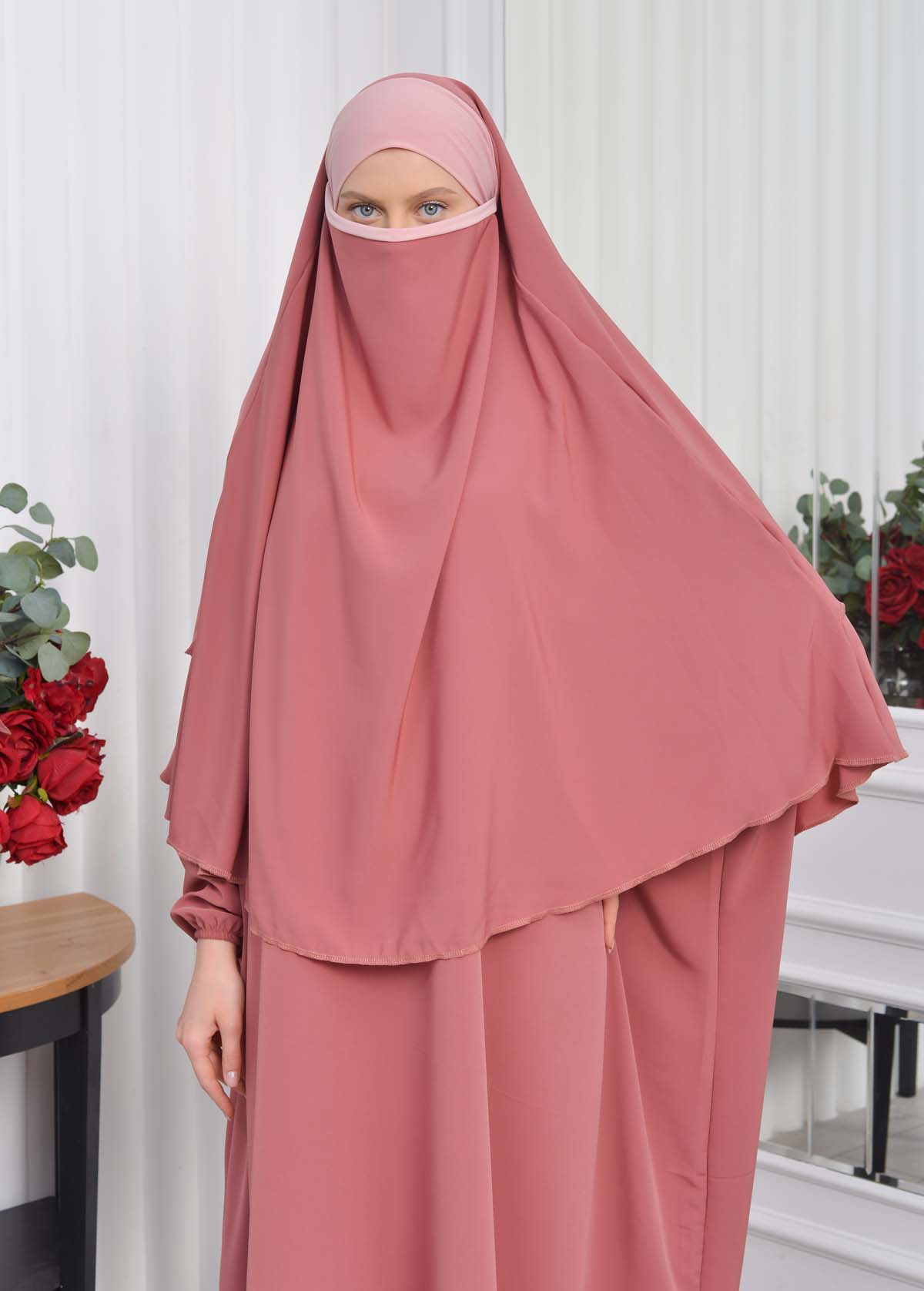 Muslim Wear Hijab Dresses , Women's Clothes Butterfly Hijab Set 2 Pieces 826 Açık Pembe