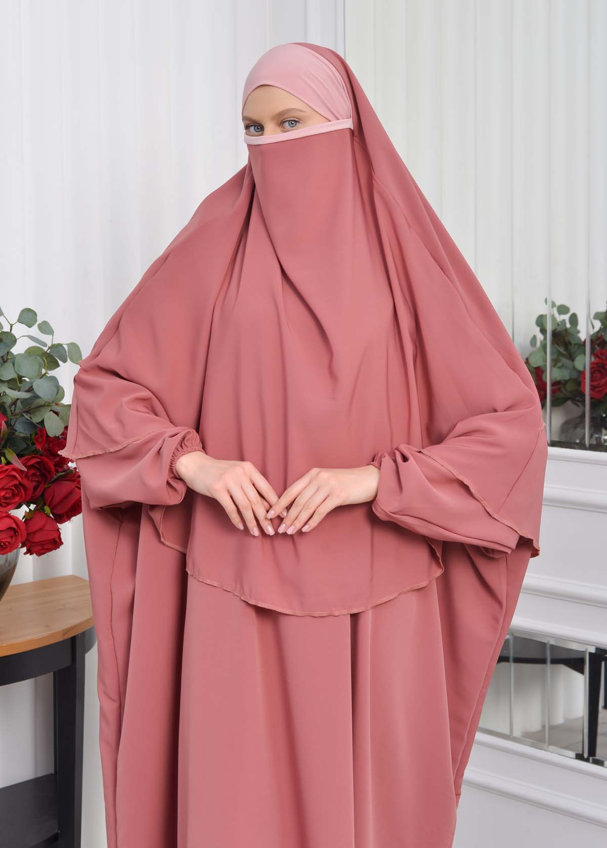 Muslim Wear Hijab Dresses , Women's Clothes Butterfly Hijab Set 2 Pieces 826 Açık Pembe