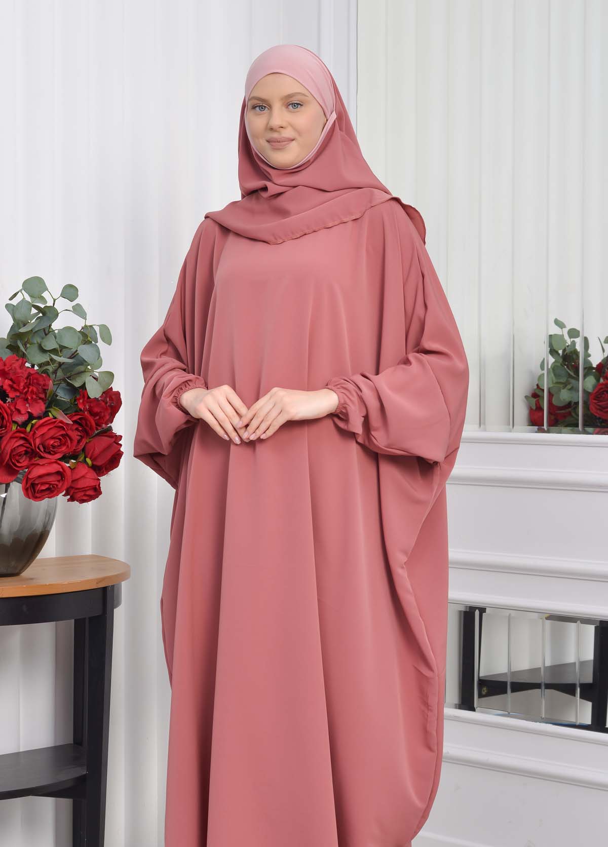 Muslim Wear Hijab Dresses , Women's Clothes Butterfly Hijab Set 2 Pieces 826 Açık Pembe