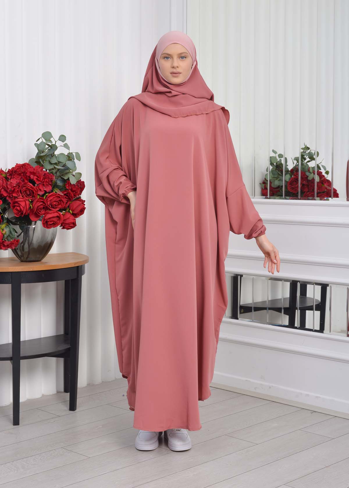 Muslim Wear Hijab Dresses , Women's Clothes Butterfly Hijab Set 2 Pieces 826 Açık Pembe