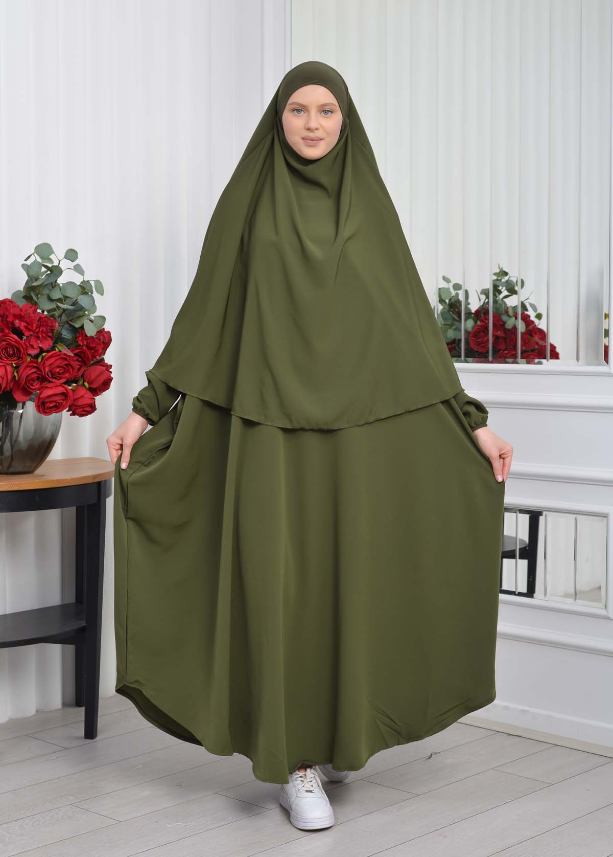 Muslim Wear Hijab Dresses , Womens Clothes Butterfly Hijab Set 2 Pieces 826 - khaki