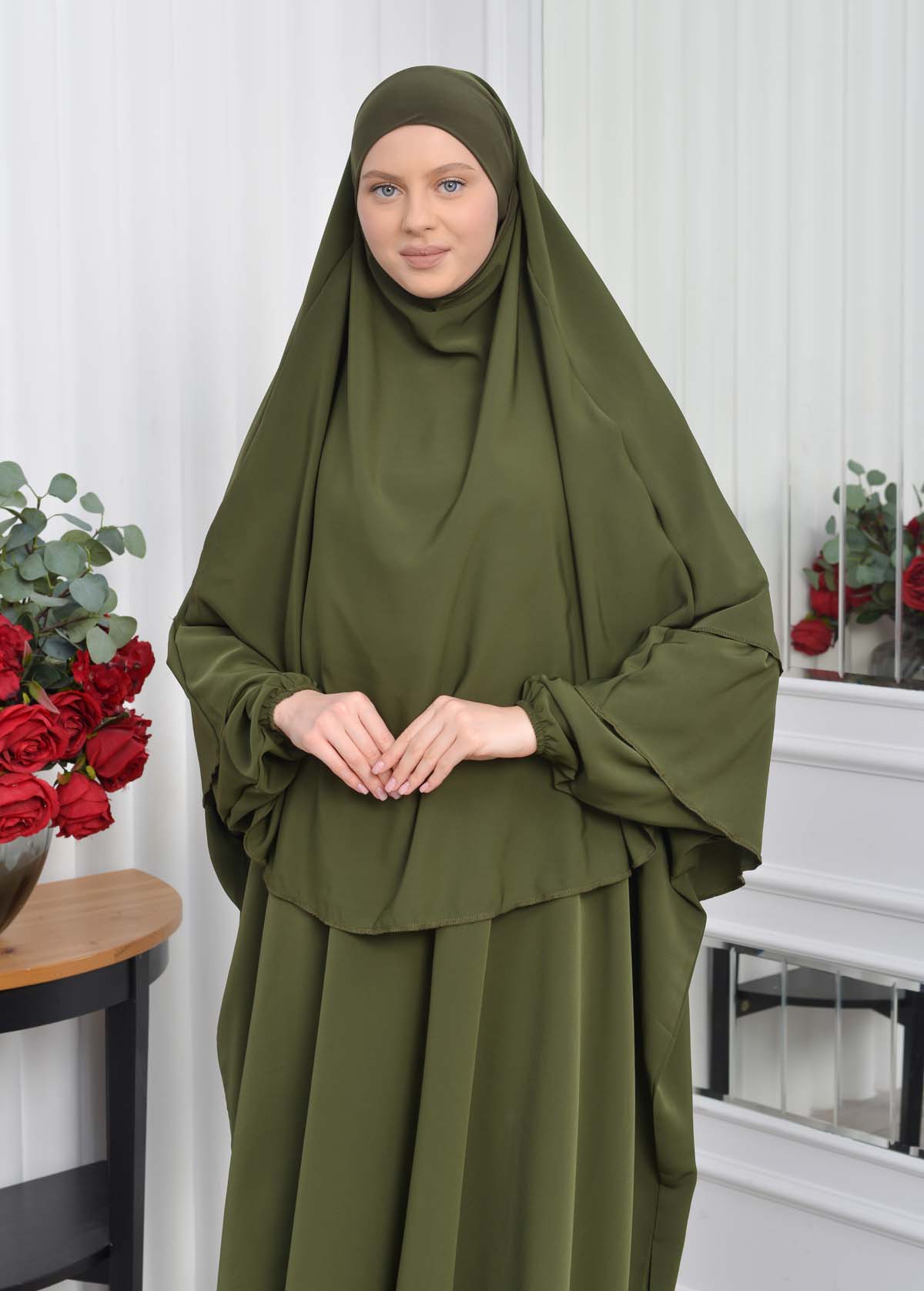 Muslim Wear Hijab Dresses , Women's Clothes Butterfly Hijab Set 2 Pieces 826 Haki