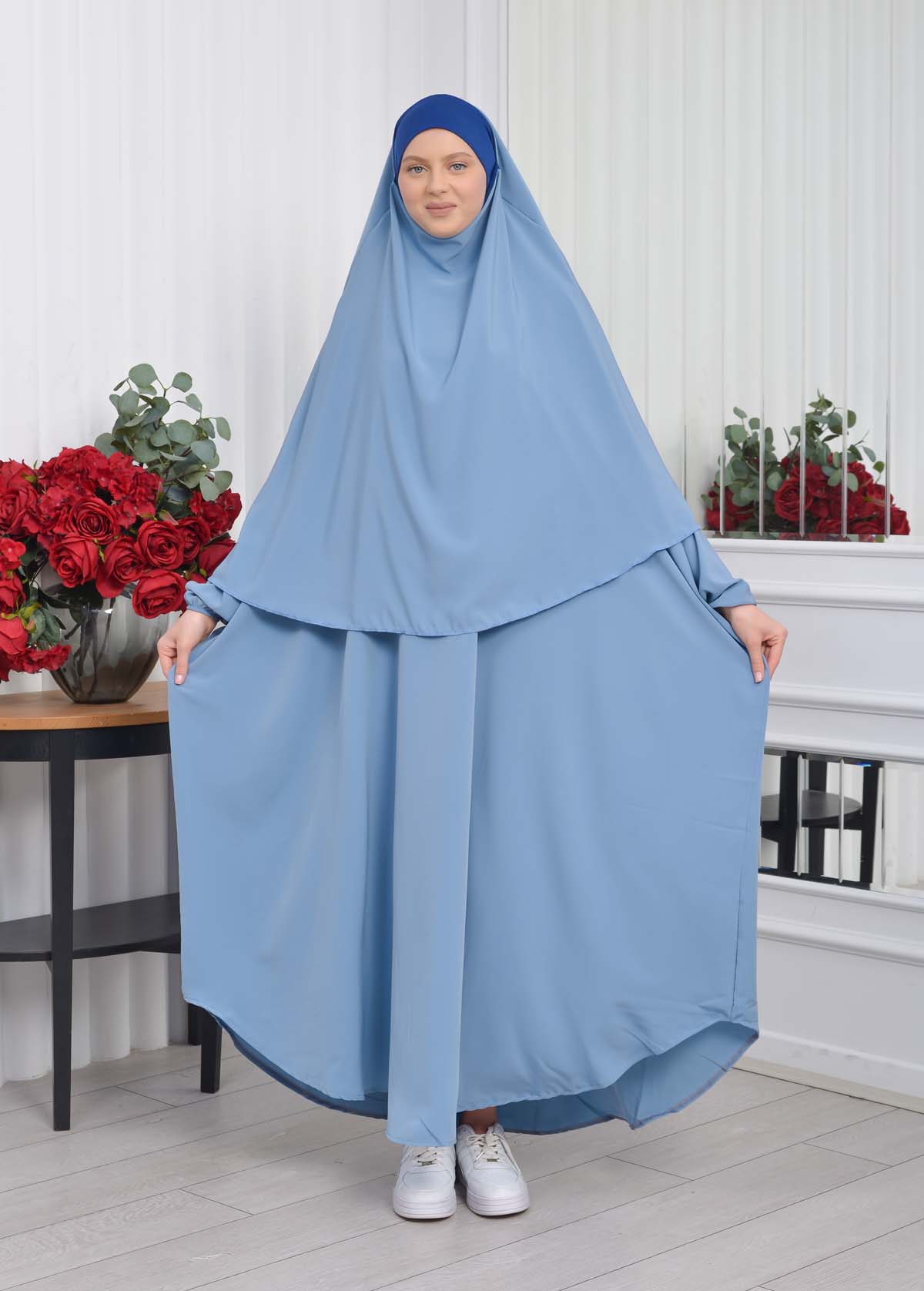 Muslim Wear Hijab Dresses , Womens Clothes Butterfly Hijab Set 2 Pieces 826 - baby blue