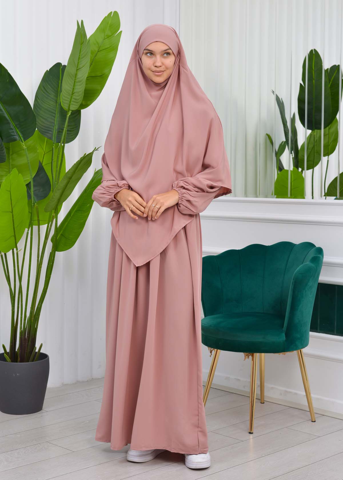 Muslim Hijab Dress set 2 Pieces 829 - powder pink/ dusty pink