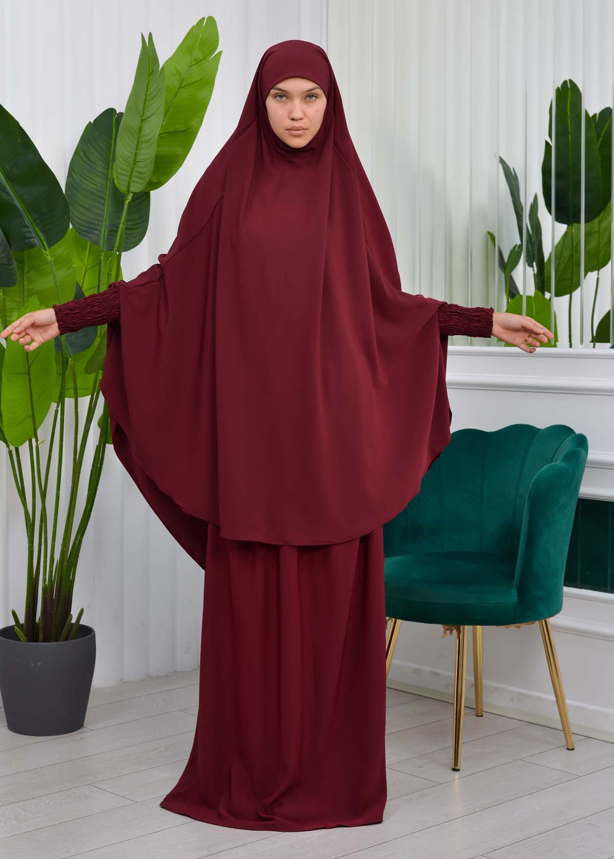 Muslim Dresses For Women ,Abayas Prayer Islamic Clothes Long dress Hijab Bonnet 2Pieces Sleeve Hijab Sheet 822 - burgundy