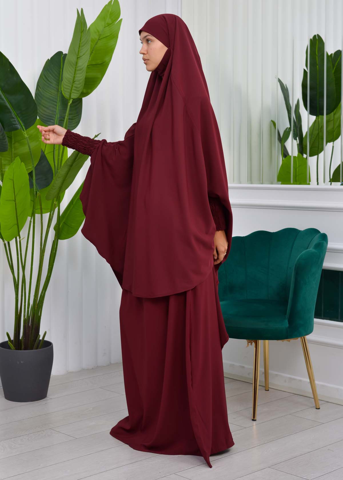 Muslim Dresses For Women ,Abayas Prayer Islamic Clothes Long dress Hijab Bonnet 2Pieces Sleeve Hijab Sheet 822 Bordo