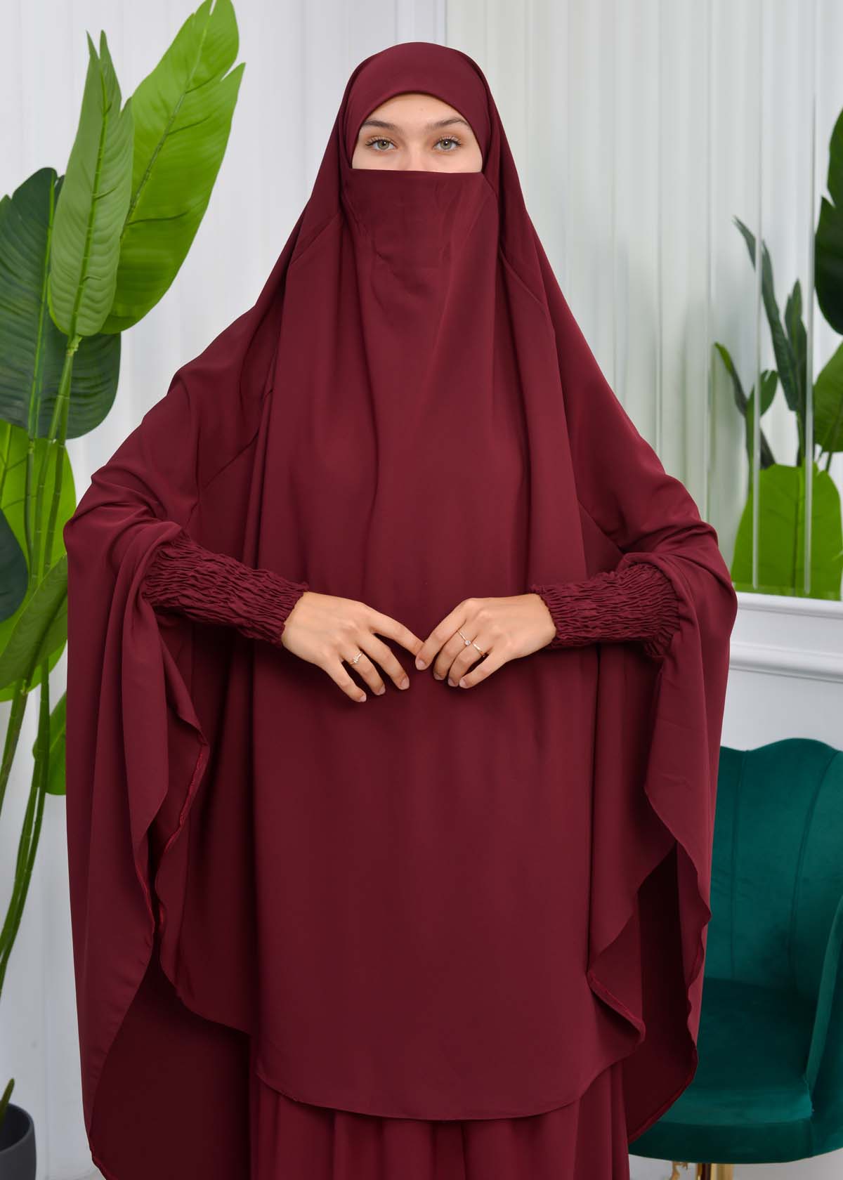 Muslim Dresses For Women ,Abayas Prayer Islamic Clothes Long dress Hijab Bonnet 2Pieces Sleeve Hijab Sheet 822 Bordo