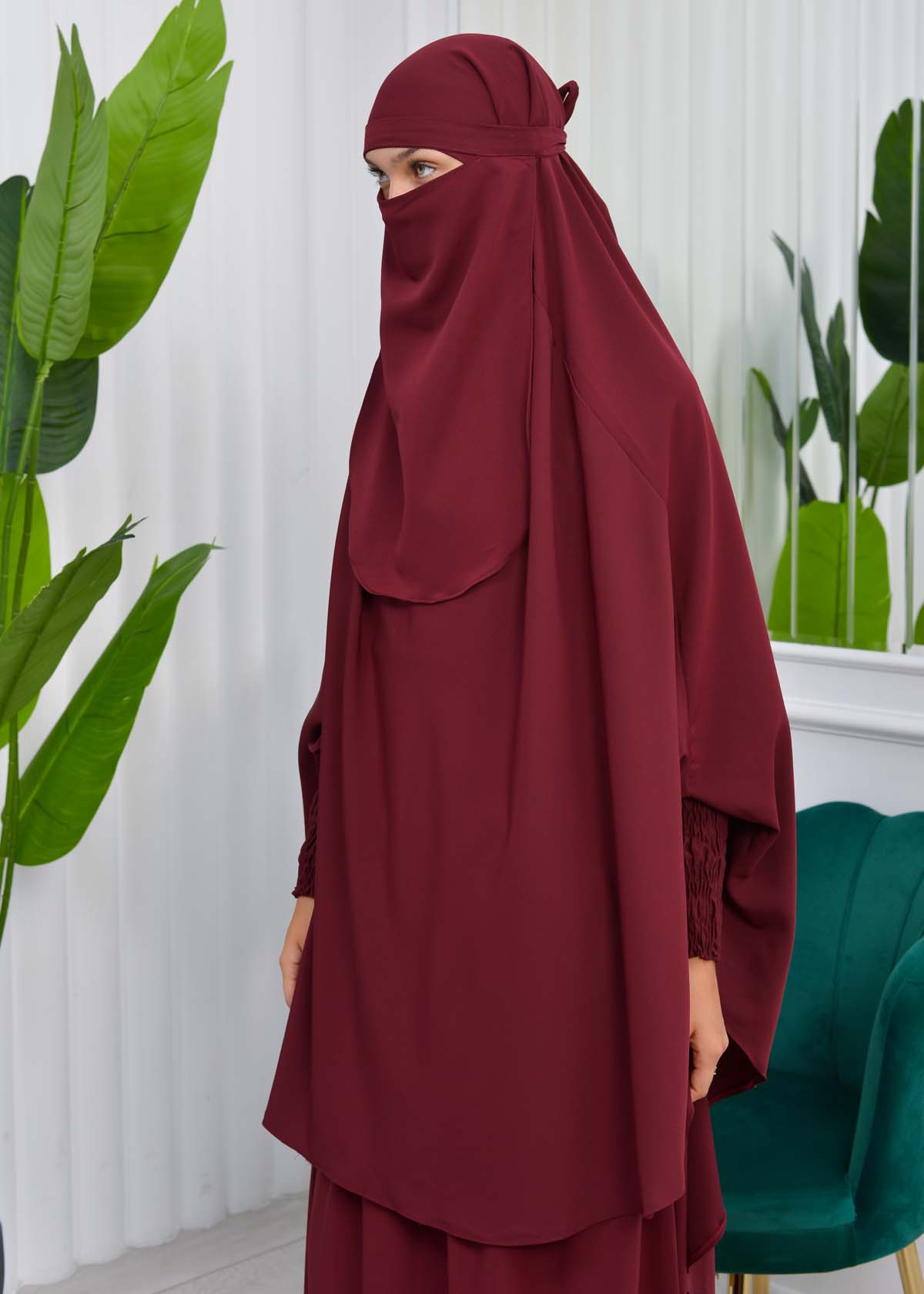 Muslim Dresses For Women ,Abayas Prayer Islamic Clothes Long dress Hijab Bonnet 2Pieces Sleeve Hijab Sheet 822 Bordo