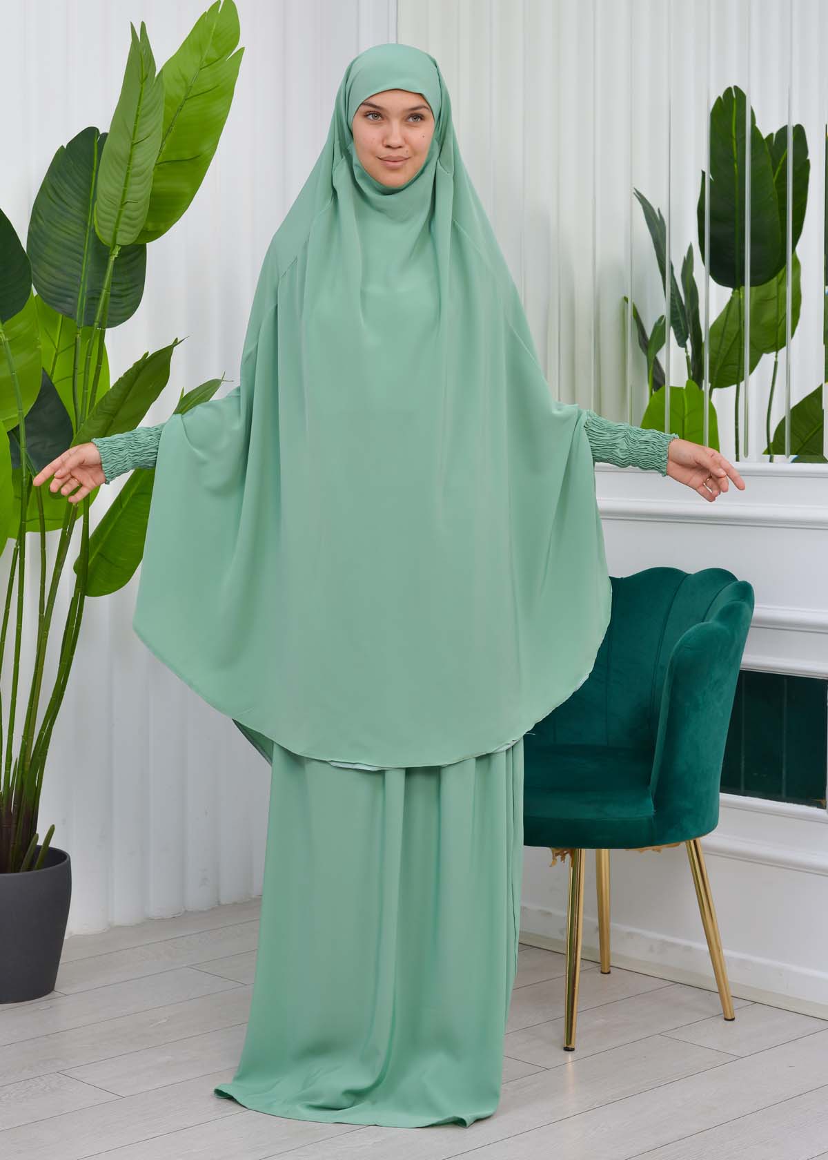 Muslim Dresses For Women ,Abayas Prayer Islamic Clothes Long dress Hijab Bonnet 2Pieces Sleeve Hijab Sheet 822 Mint