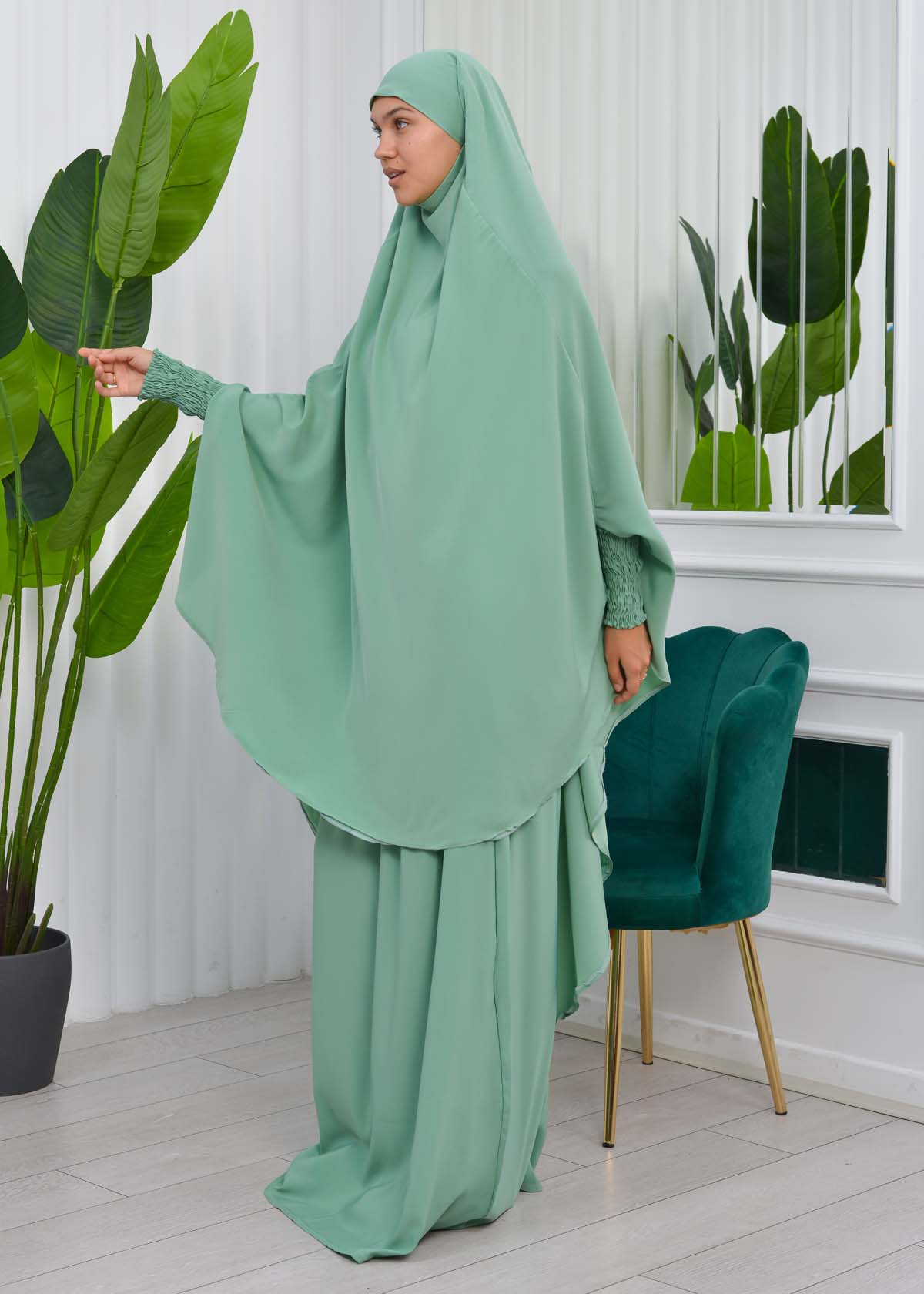 Muslim Dresses For Women ,Abayas Prayer Islamic Clothes Long dress Hijab Bonnet 2Pieces Sleeve Hijab Sheet 822 Mint