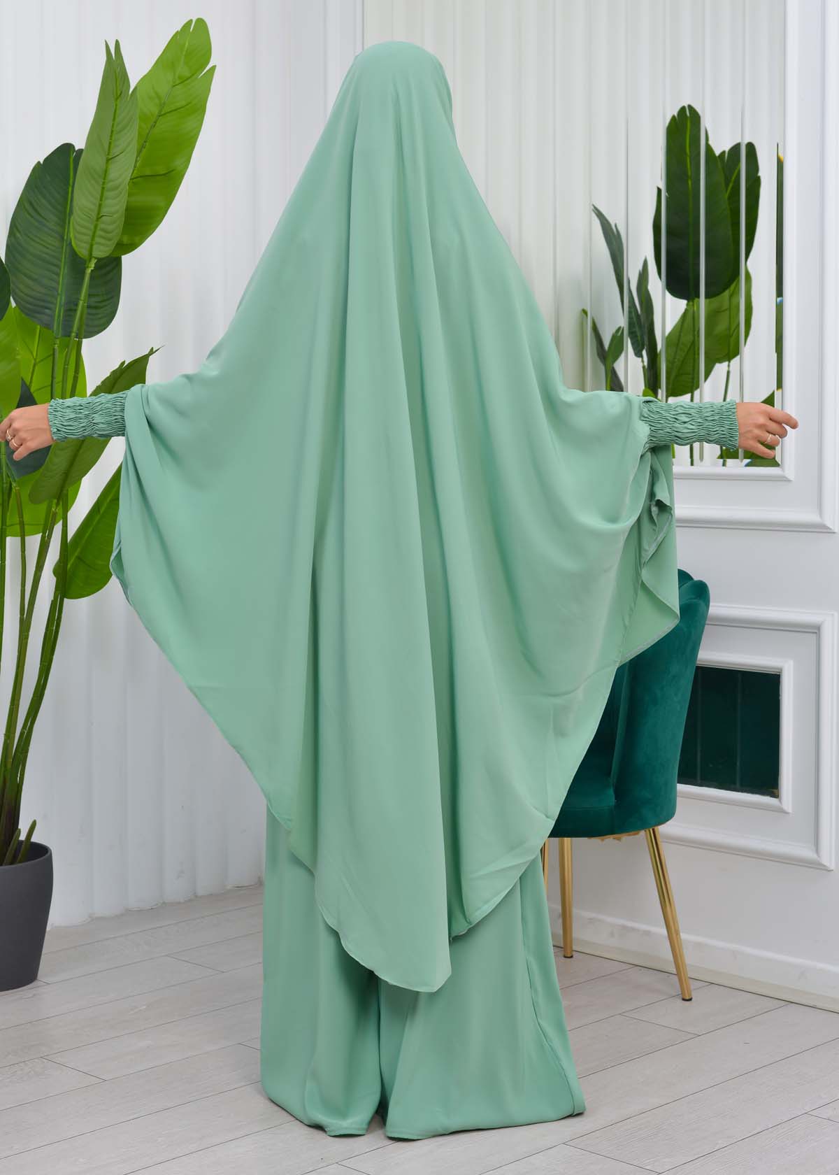 Muslim Dresses For Women ,Abayas Prayer Islamic Clothes Long dress Hijab Bonnet 2Pieces Sleeve Hijab Sheet 822 Mint