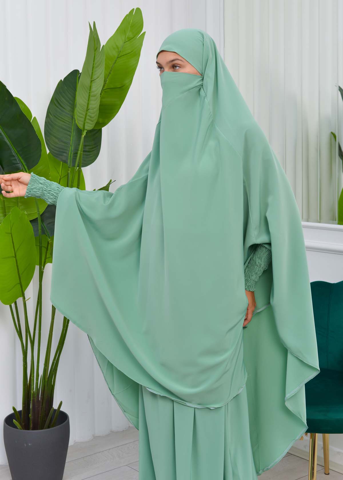 Muslim Dresses For Women ,Abayas Prayer Islamic Clothes Long dress Hijab Bonnet 2Pieces Sleeve Hijab Sheet 822 Mint