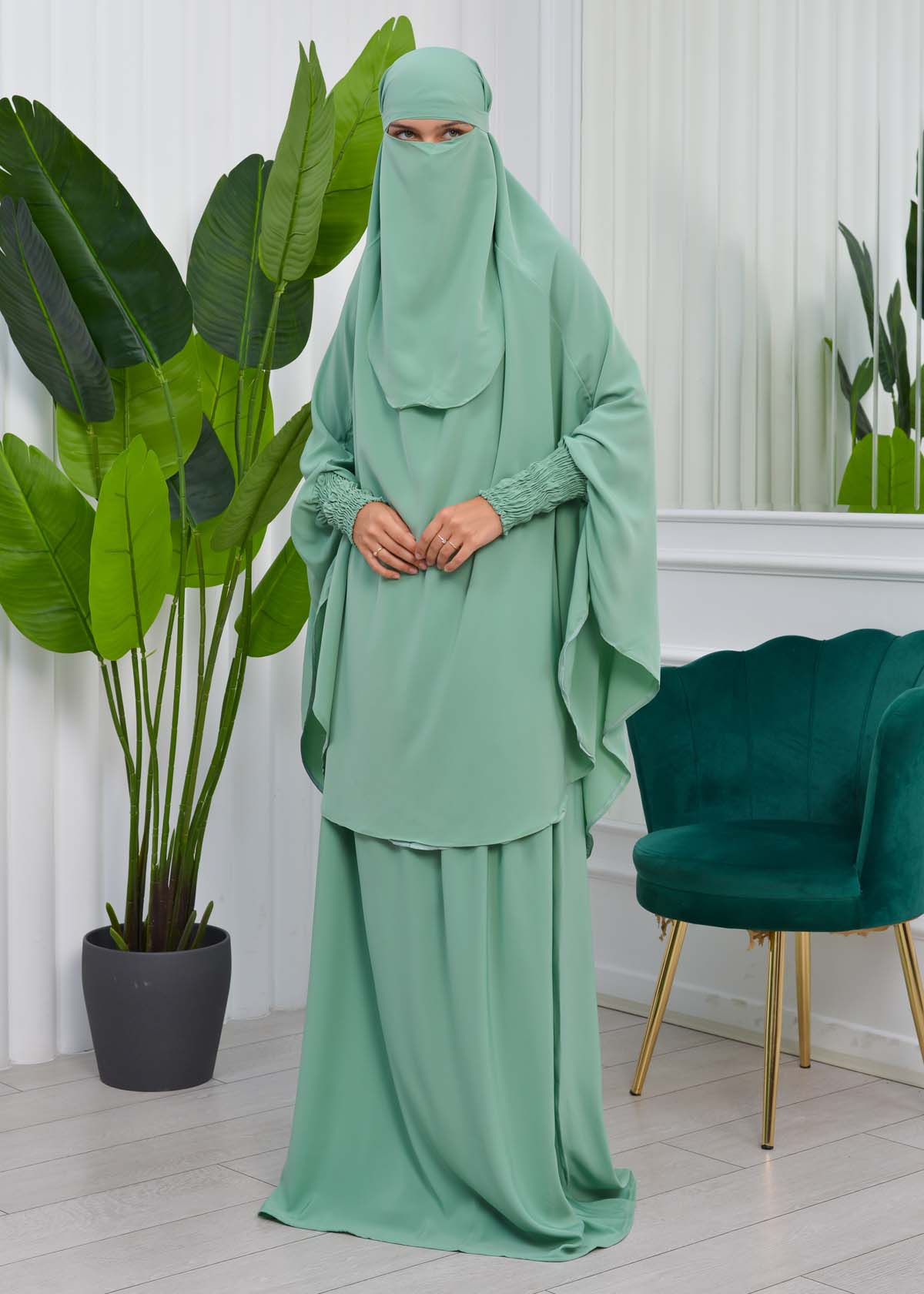 Muslim Dresses For Women ,Abayas Prayer Islamic Clothes Long dress Hijab Bonnet 2Pieces Sleeve Hijab Sheet 822 Mint