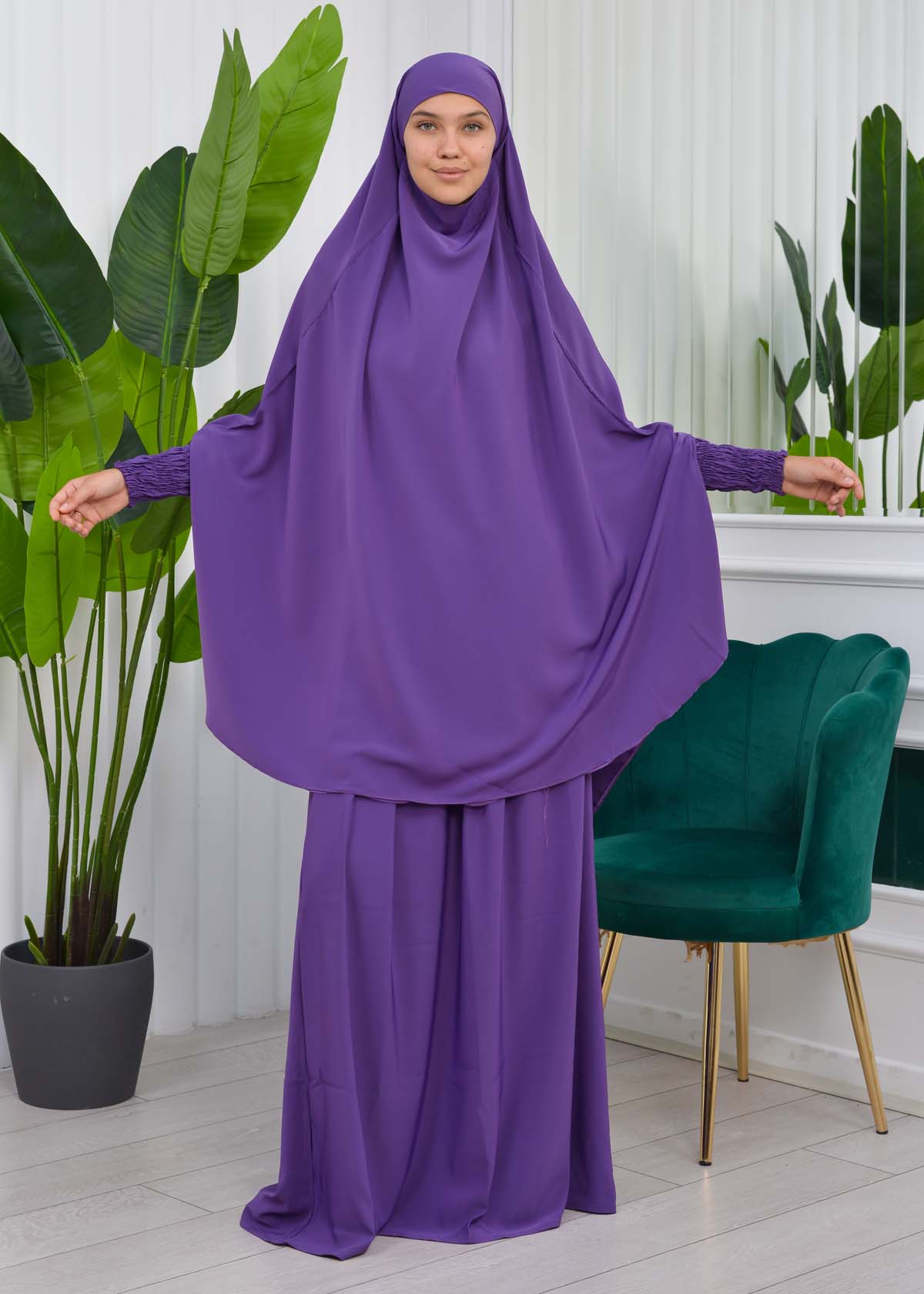 Muslim Dresses For Women ,Abayas Prayer Islamic Clothes Long dress Hijab Bonnet 2Pieces Sleeve Hijab Sheet 822 - purpul