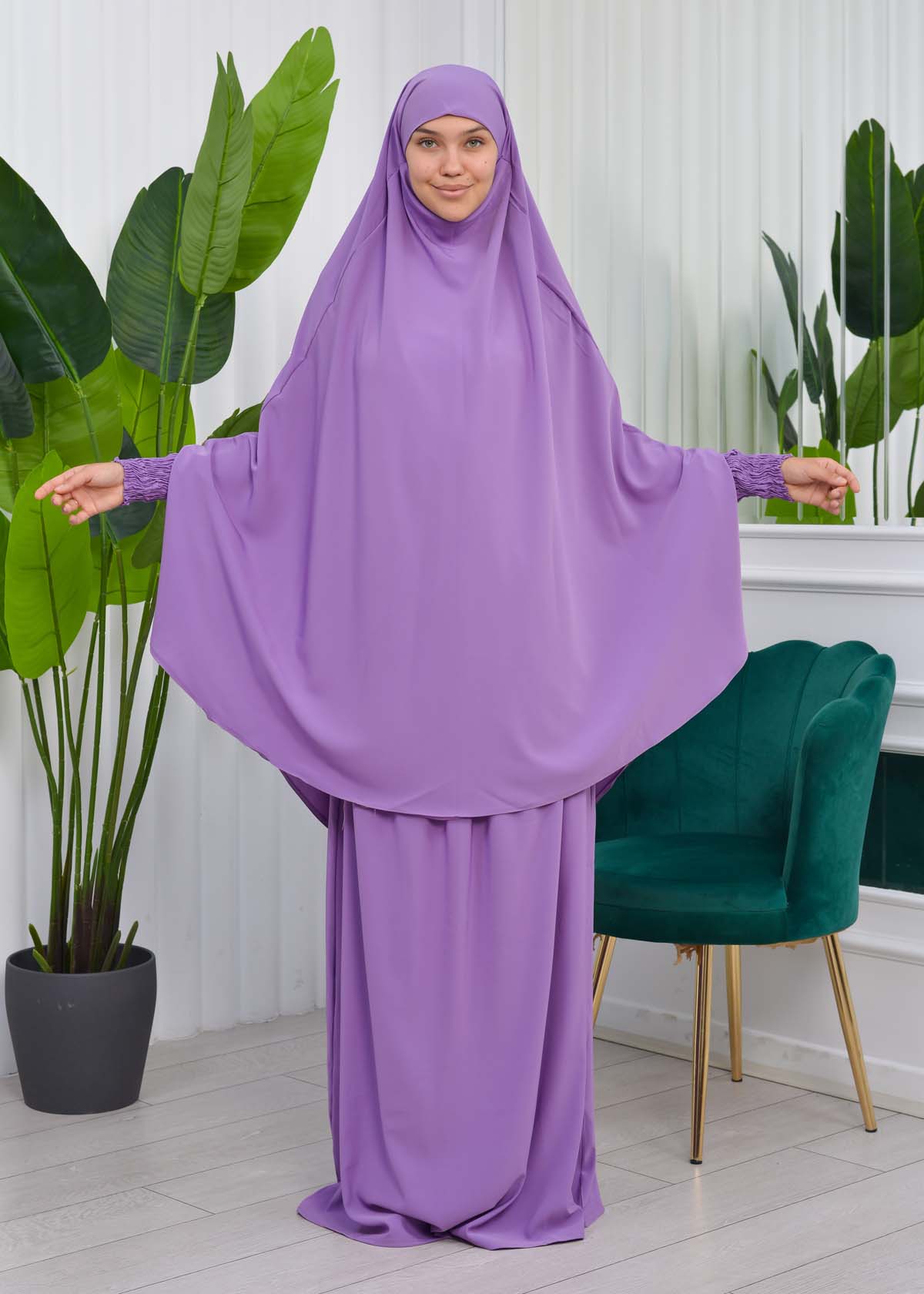 Muslim Dresses For Women ,Abayas Prayer Islamic Clothes Long dress Hijab Bonnet 2Pieces Sleeve Hijab Sheet 822 - lilac